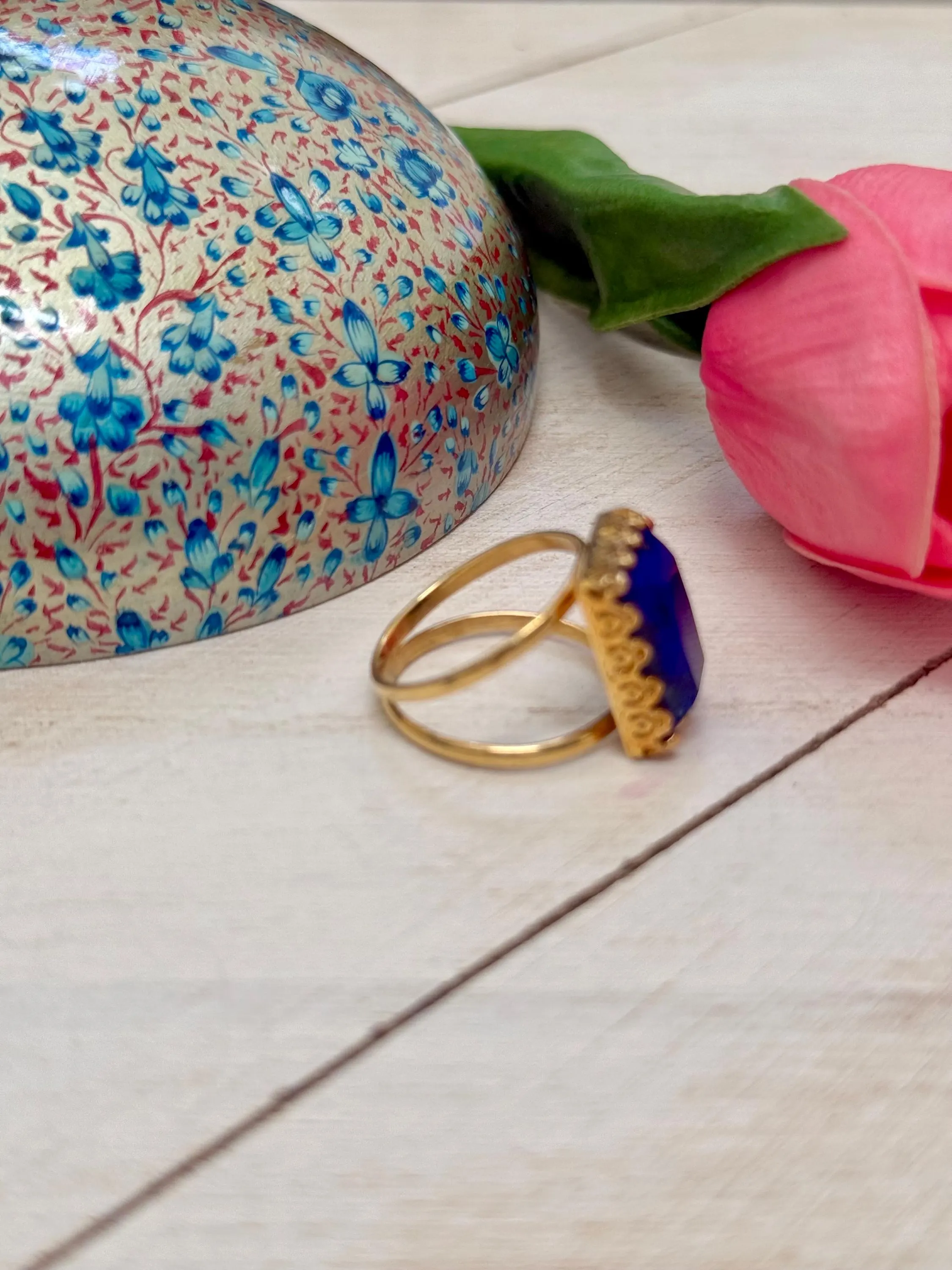 Vintage Style Lapis Lazuli Cocktail Ring | Genuine Gemstone | 22k Gold Vermeil | Size 8 - image 5