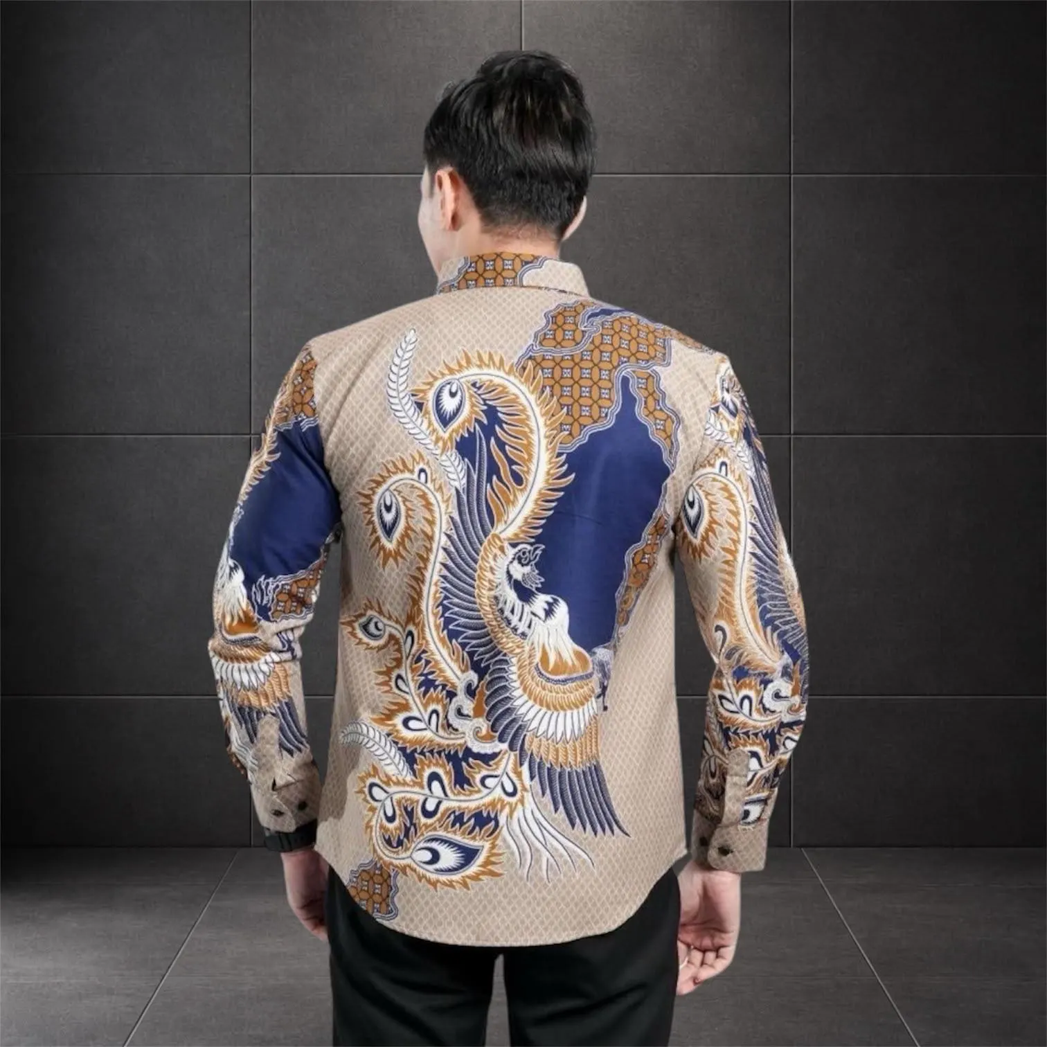 Men’s Batik Shirt, Navy Blue Beige Bird Pattern, Slim Fit Long and short Sleeve Indonesian Batik, Formal Men’s Shirt, Unique Ethnic Wear - image 3