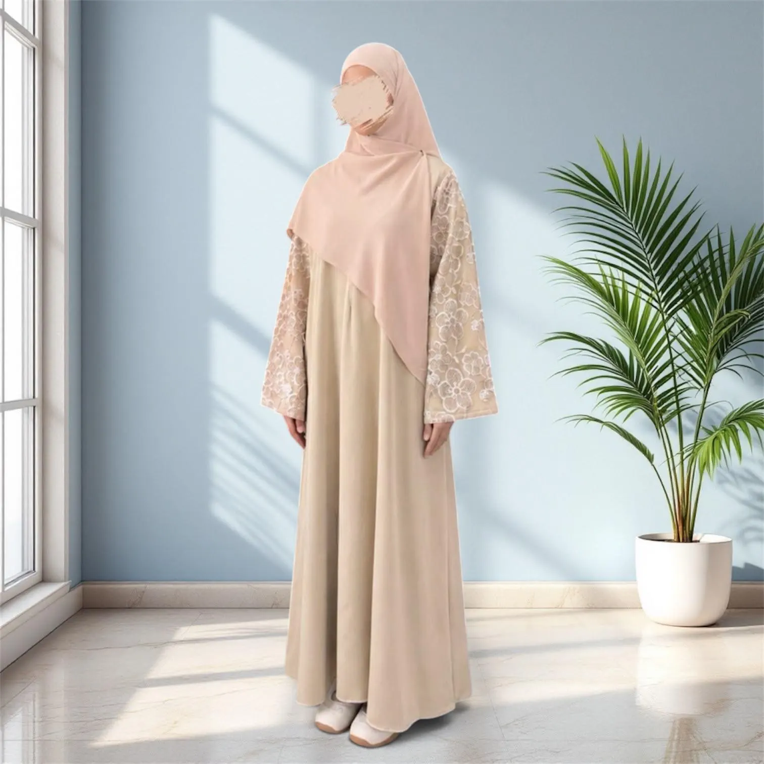 Modest Muslim Abaya Dress with Floral Lace Sleeves - Long Maxi Dress, Islamic Clothing - image 2