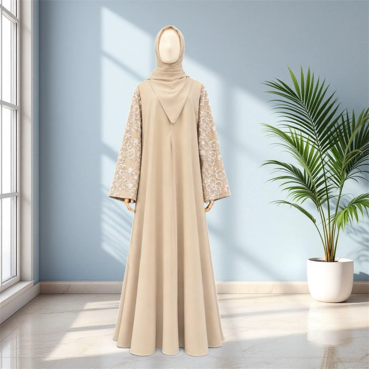 Modest Muslim Abaya Dress with Floral Lace Sleeves - Long Maxi Dress, Islamic Clothing - image 3
