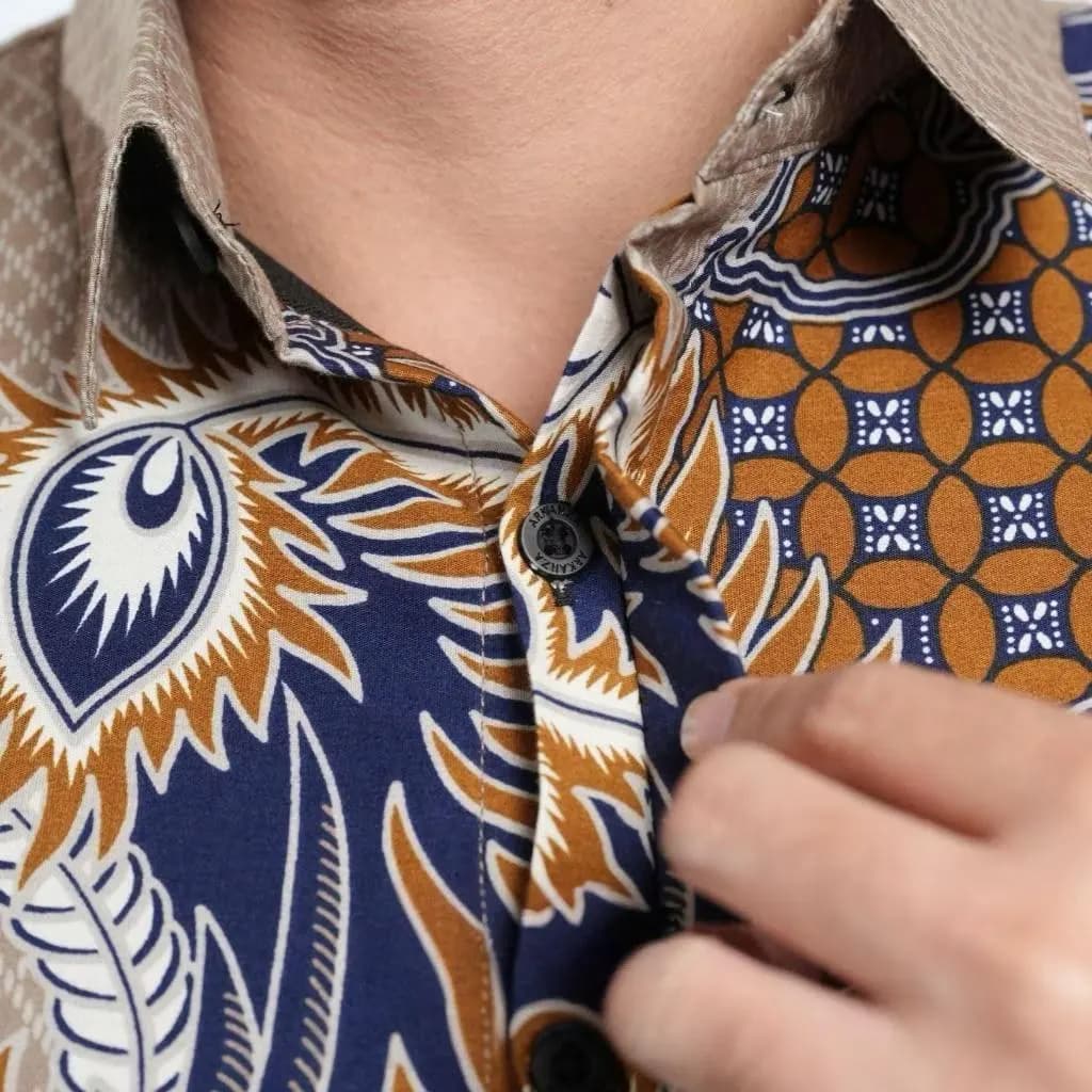 Men’s Batik Shirt, Navy Blue Beige Bird Pattern, Slim Fit Long and short Sleeve Indonesian Batik, Formal Men’s Shirt, Unique Ethnic Wear - image 5