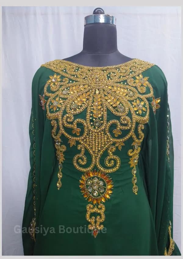 Green Beaded Abaya: Dubai Kaftan Gown with Gold Applique
