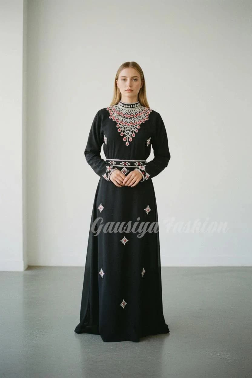 Royal Dubai Abaya Handmade Kaftan, Arabic wedding Gown Dress, Silver Red Applique flower design