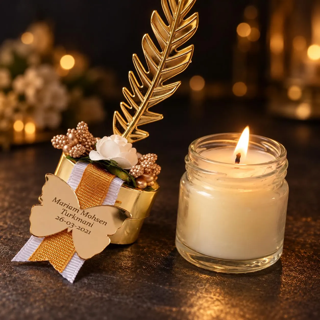 Personalized Candle Wedding Favors, Golden Feather, Bulk Gifts - image 4