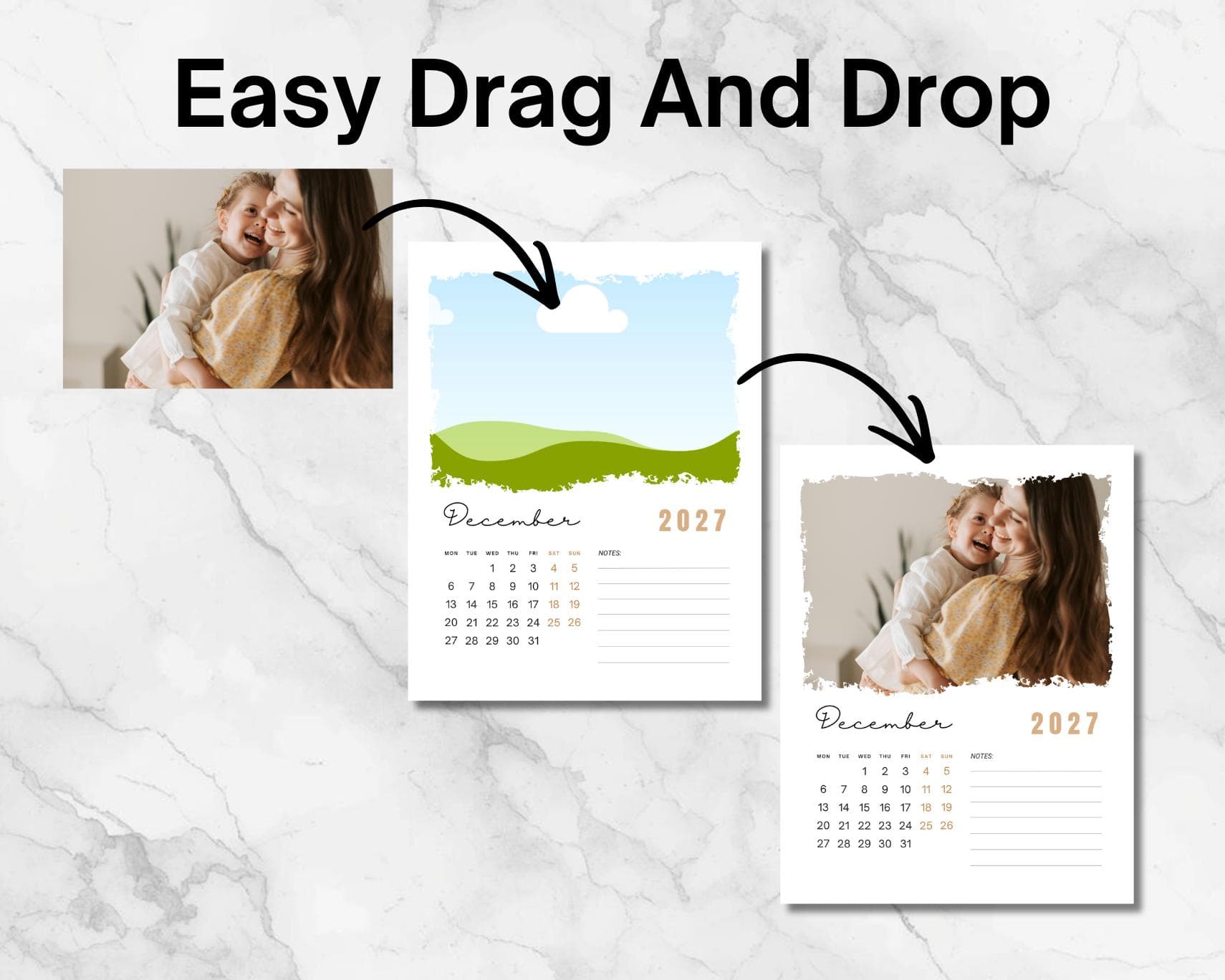 2027 Family Photo Calendar Template, Editable Canva Calendar with Notes, Sunday Monday Start - image 3