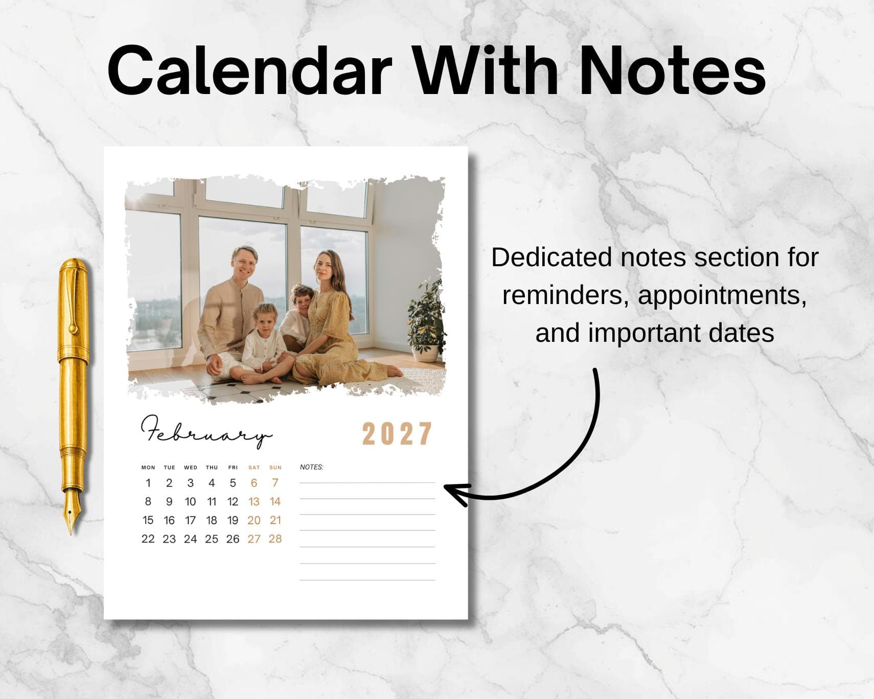 2027 Family Photo Calendar Template, Editable Canva Calendar with Notes, Sunday Monday Start - image 4