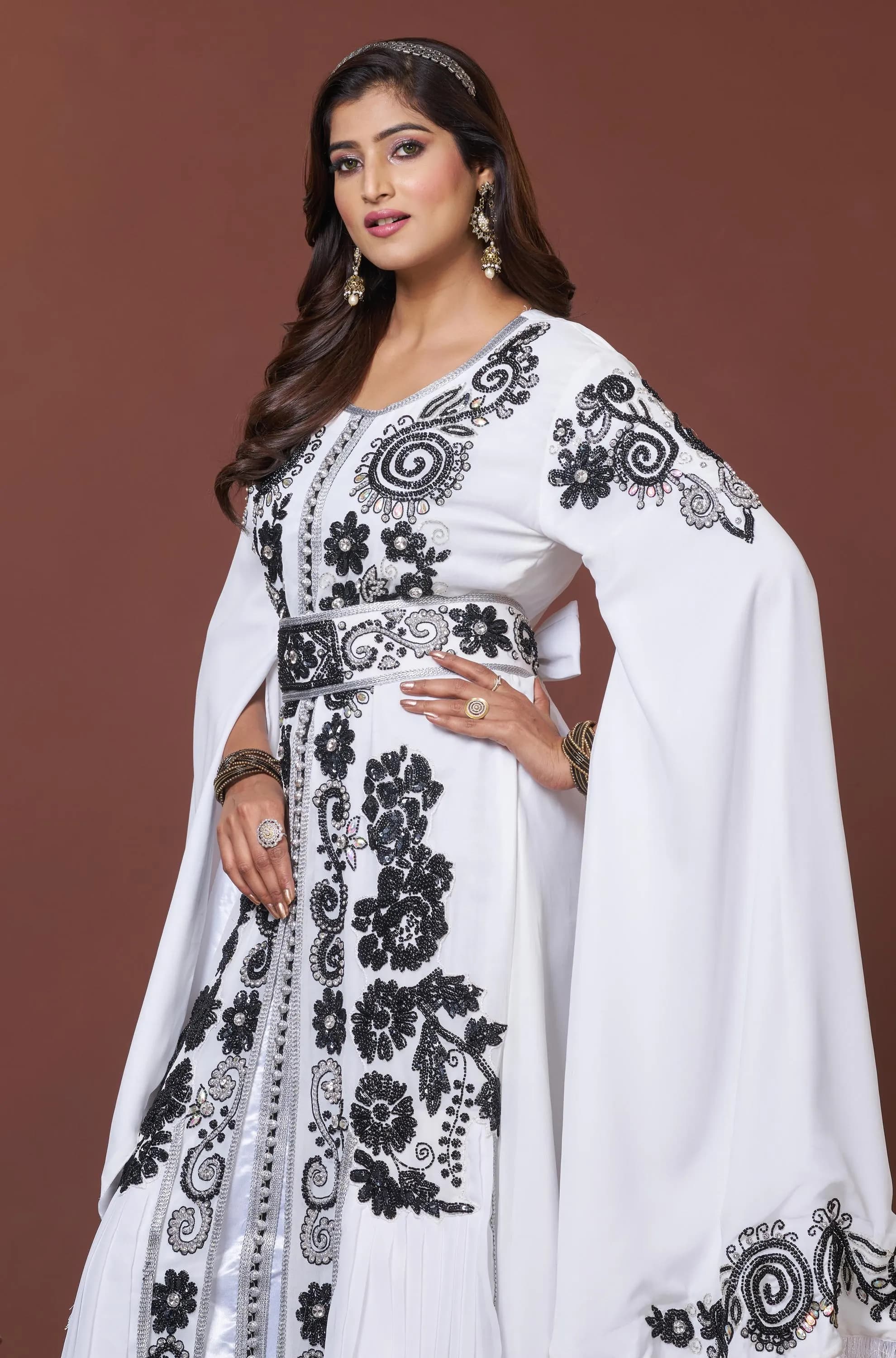 White and Black Islamic Designer Moroccan Takchita Kaftan, Arabic Maxi Kaftan For Women - image 4