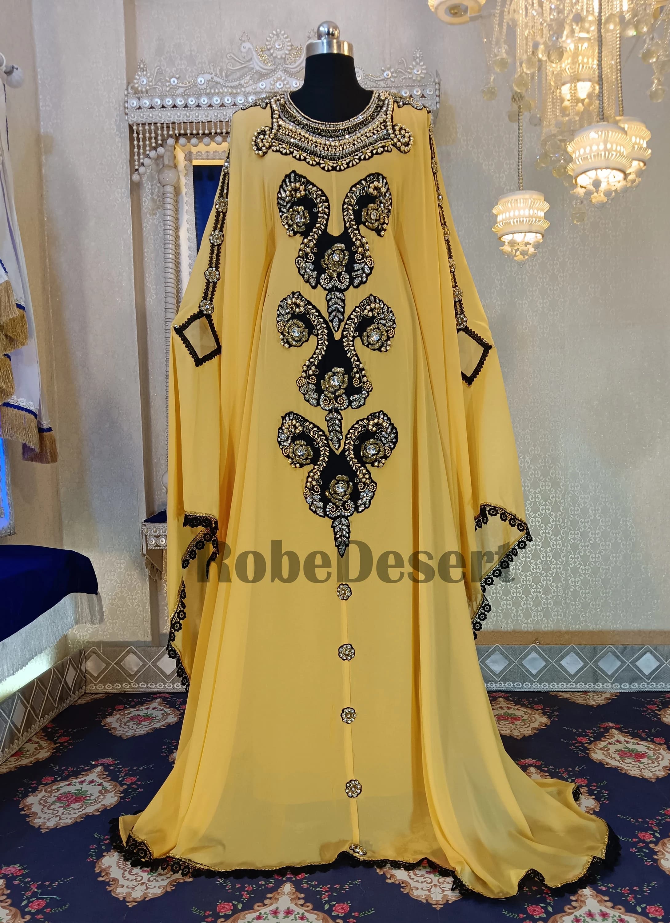 Golden Yellow Hand Beaded Kaftan: Arabic Maxi Gown - image 3