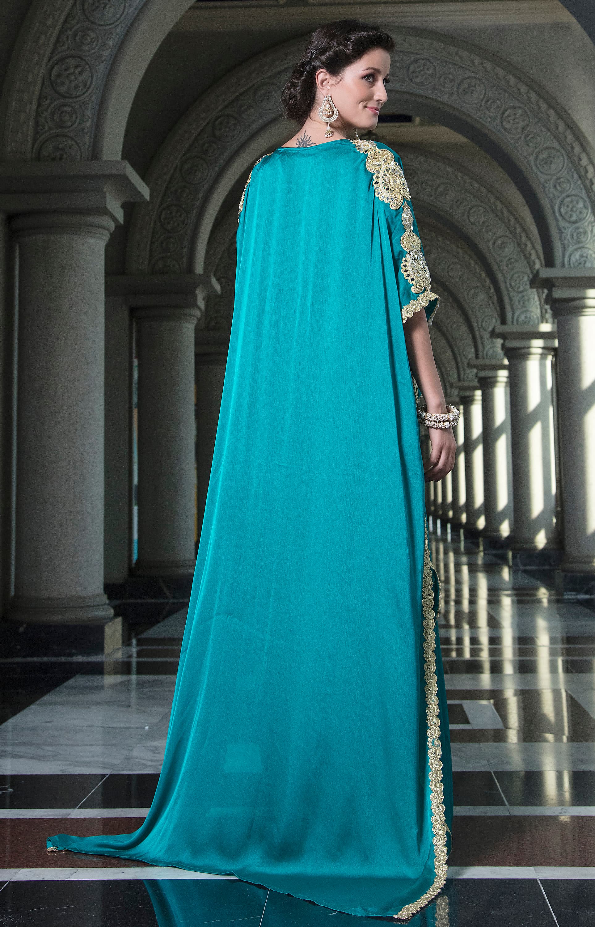 Embroidered Takchita Kaftan Gown: Dark Sea Green Arabic Maxi Dress with Hijab - image 4