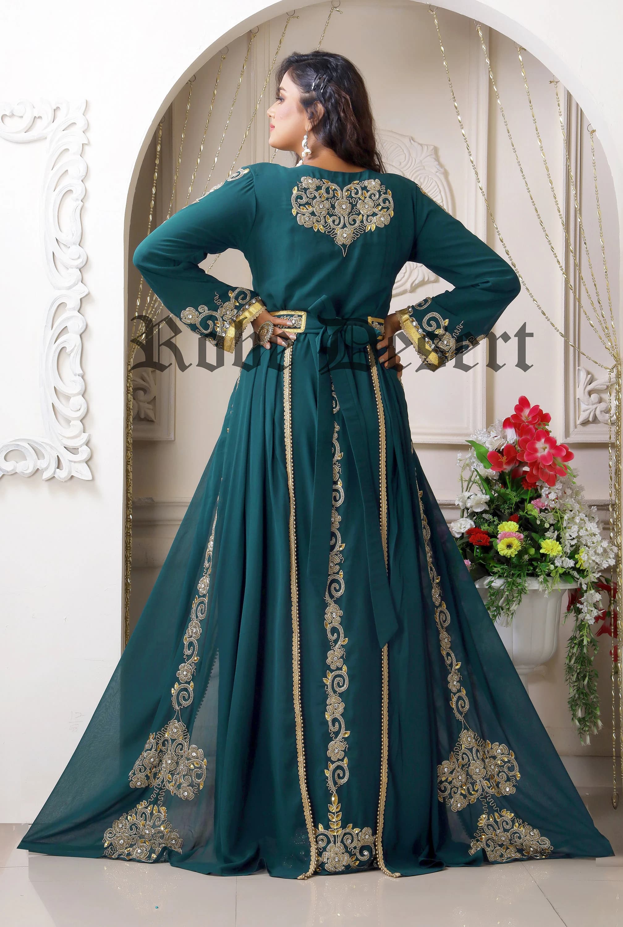 Bottle Green Hand Beaded Kaftan: Arabic Maxi Dress with Embroidery Hijab - image 3