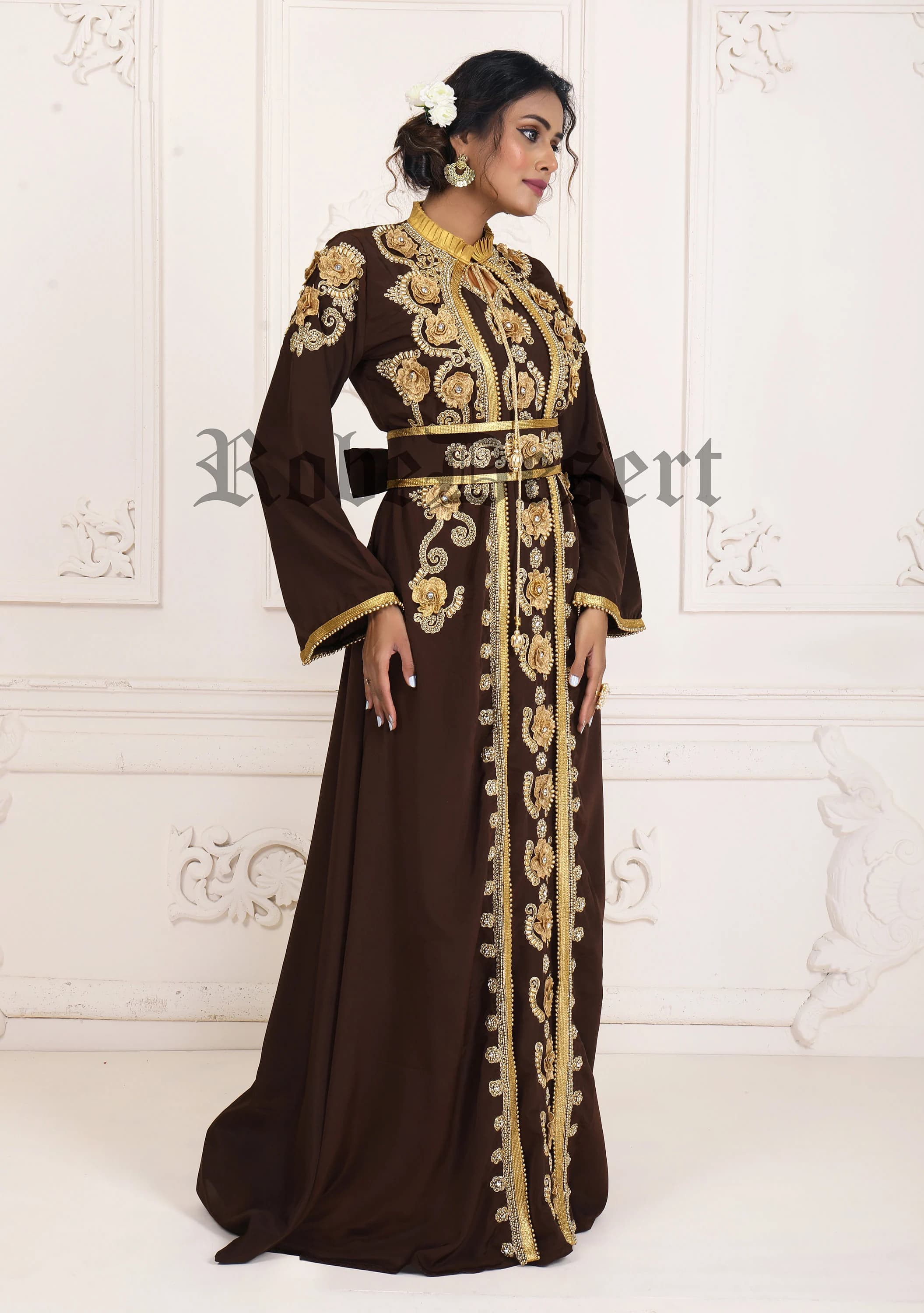 Brown & Gold Moroccan Takchita Kaftan: Islamic Wedding Gown - image 3