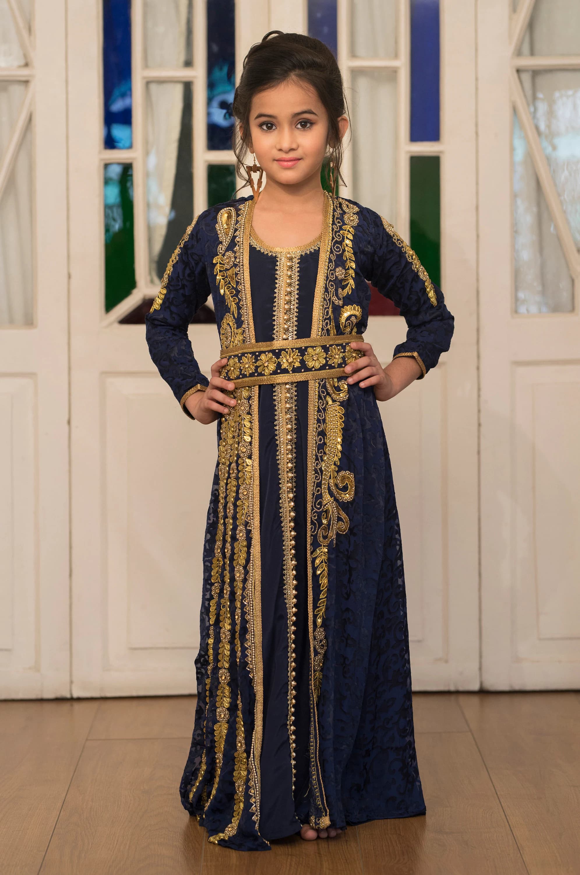 Dark Blue Moroccan Kaftan for Girls: Embroidered Takchita Dress with Hijab - image 3