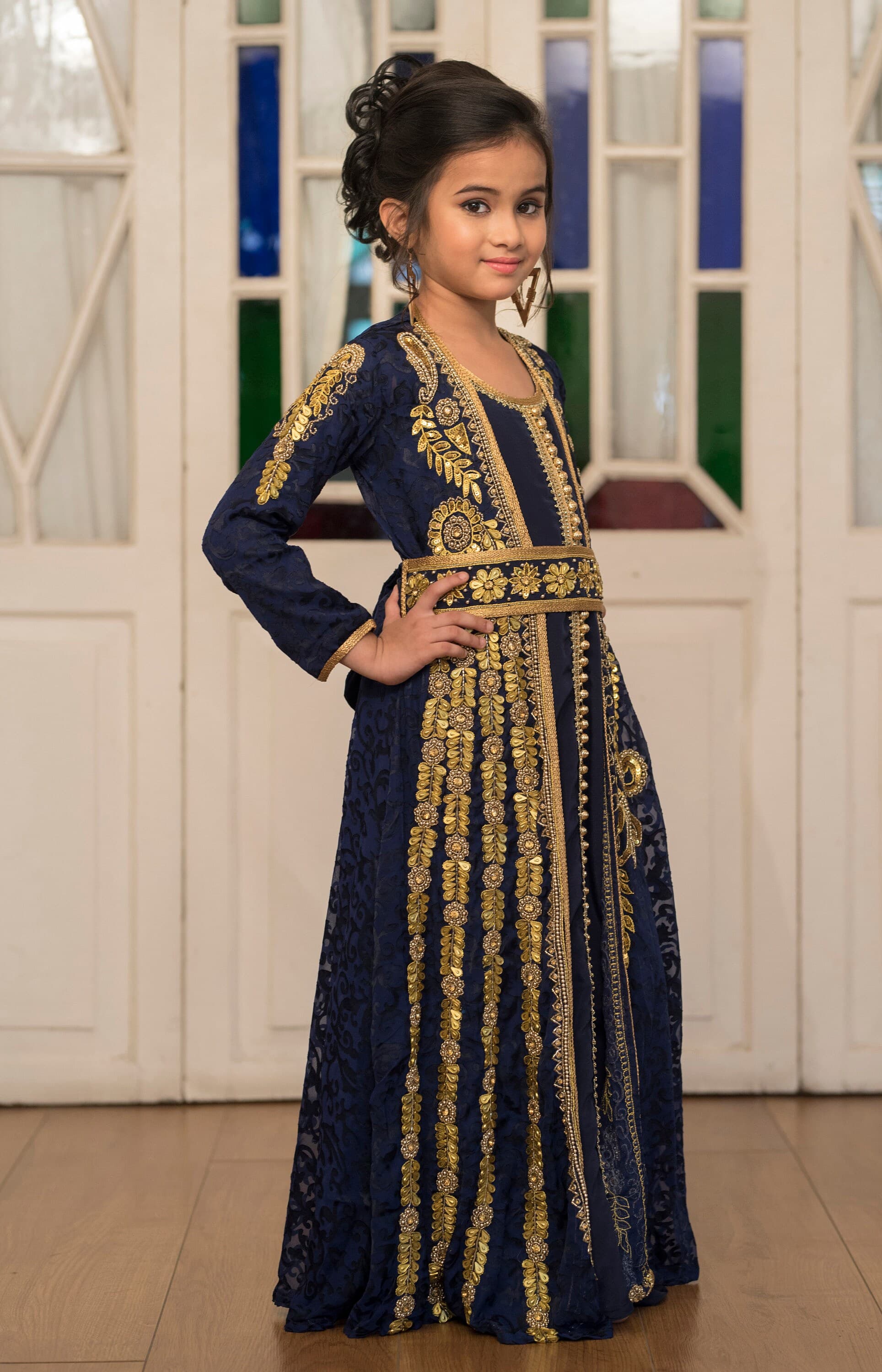 Dark Blue Moroccan Kaftan for Girls: Embroidered Takchita Dress with Hijab - image 4
