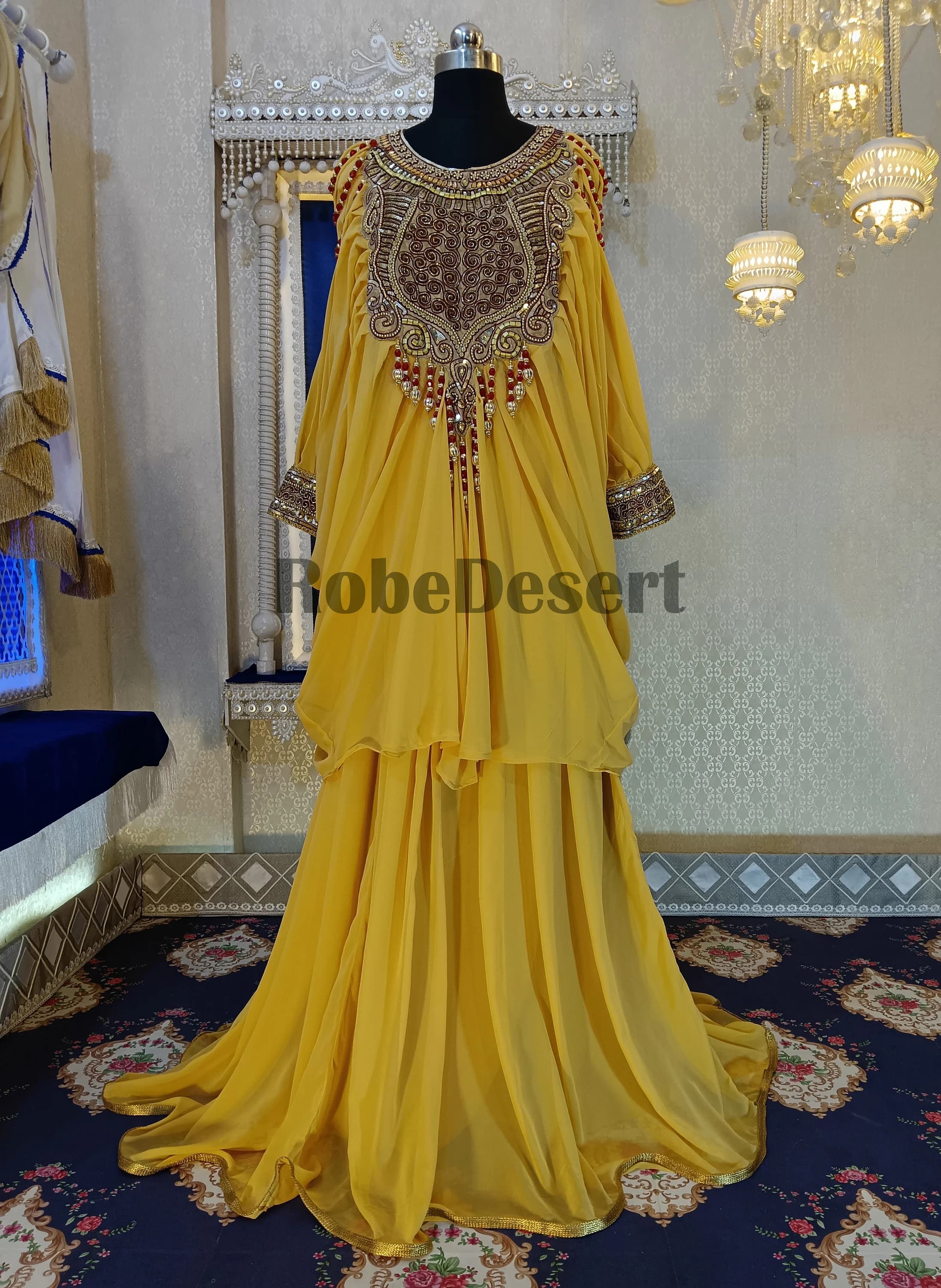 Golden Yellow Moroccan Caftan: Dubai Farasha Maxi Gown - image 5