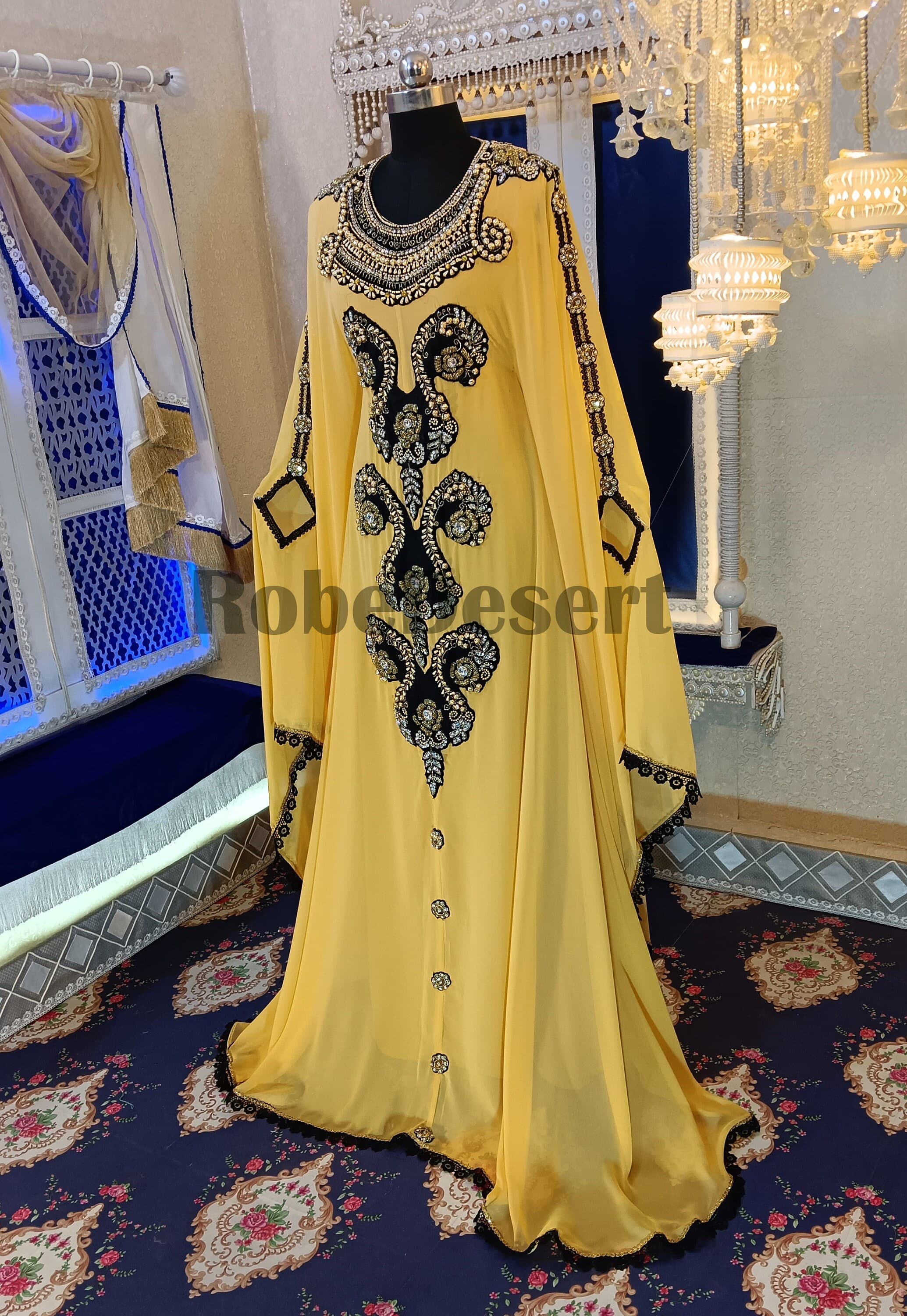 Golden Yellow Hand Beaded Kaftan: Arabic Maxi Gown - image 5