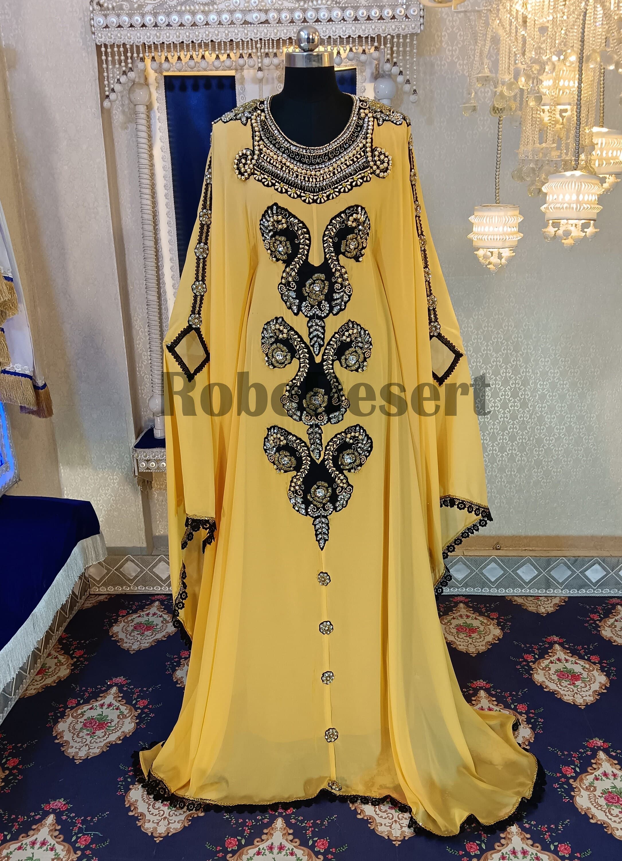 Golden Yellow Hand Beaded Kaftan: Arabic Maxi Gown - image 4
