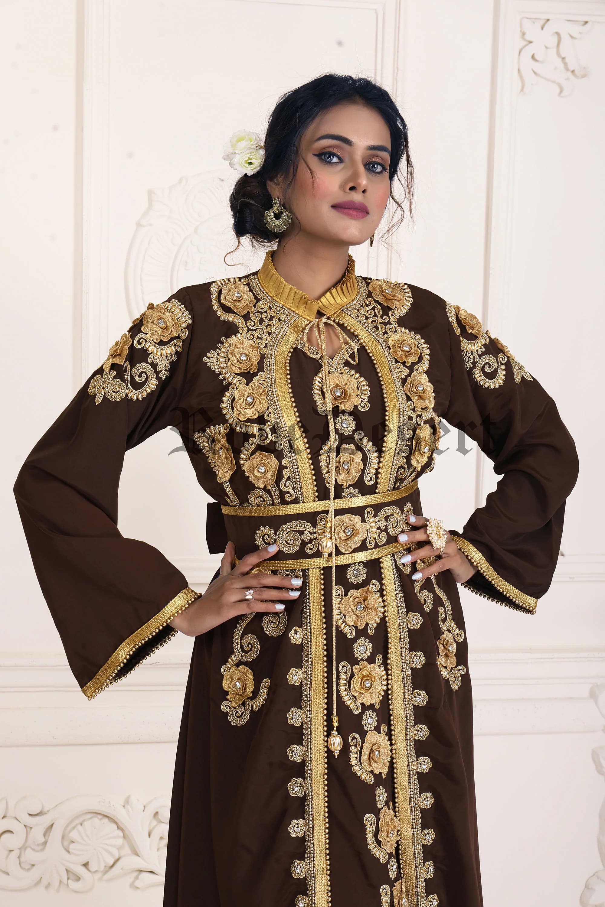 Brown & Gold Moroccan Takchita Kaftan: Islamic Wedding Gown - image 4