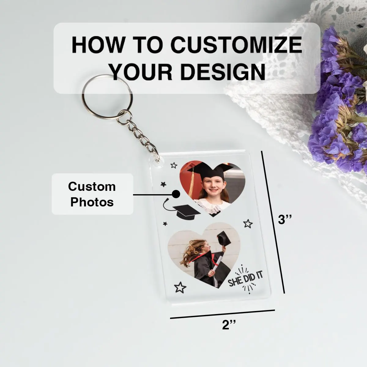 Cute Graduation Keychain, Two Photo She Did it Keychain, Acrylic Picture Keyholder, Second Graduation Gift, Grad Keepsake, Personalized Gift - image 2