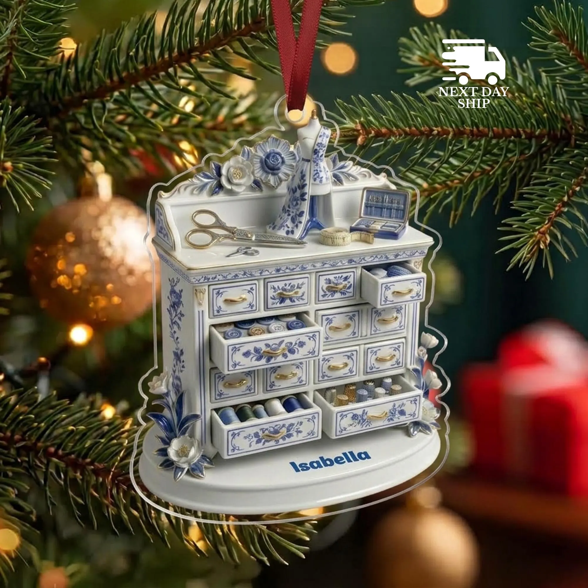 Custom Name Sewing Box Ornament, Blue and White Porcelain Sewing Cabinet Ornament, Personalized Quilter Gift, Tailor Christmas Tree Ornament - image 3