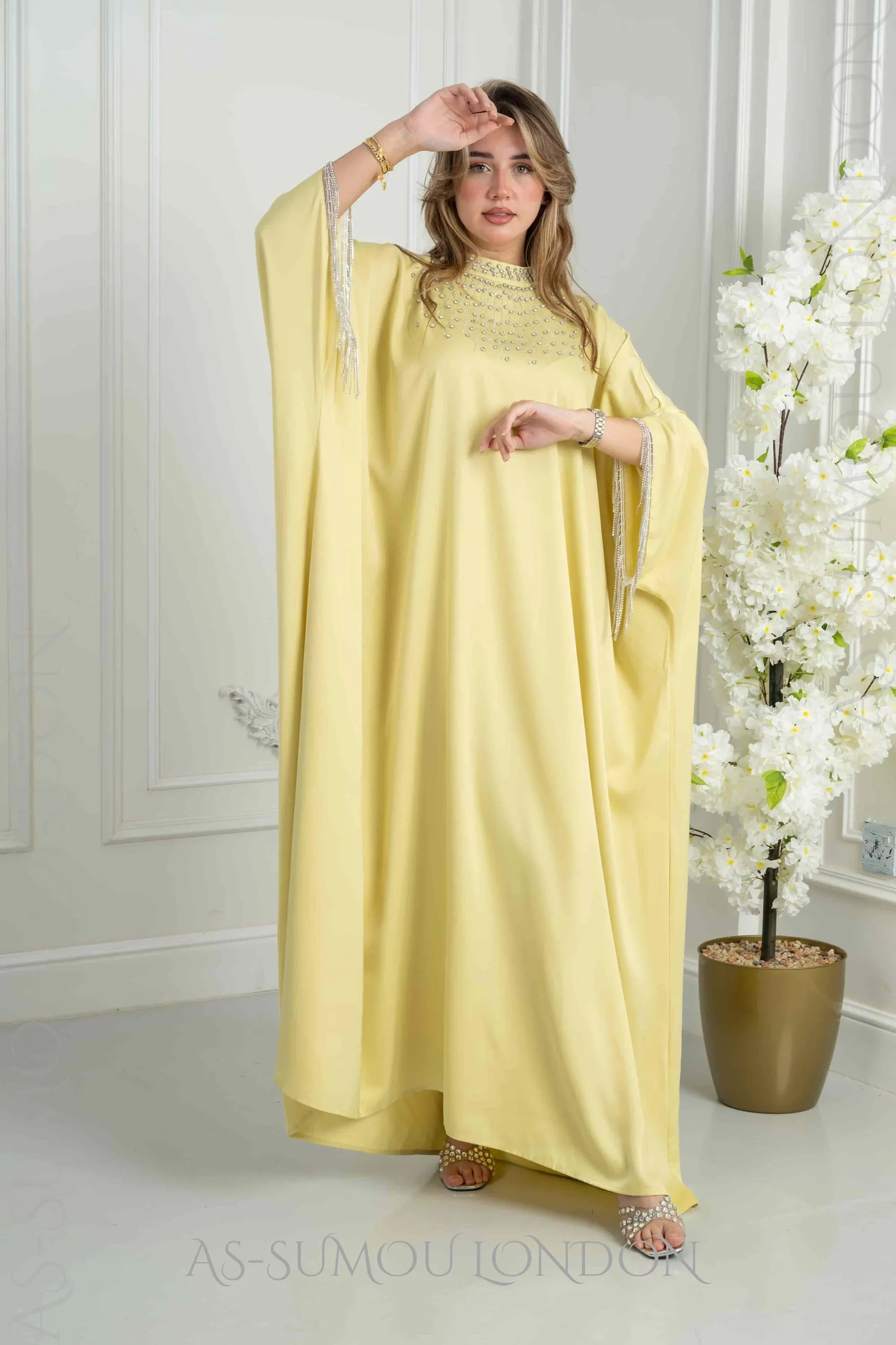 Cream Modest Maxi Dress Rhinestone Beaded Neckline Tassel Cape Sleeve Batwing Gown Wedding Abaya Elegant Kaftan Islamic Bridal Henna Outfit - image 2