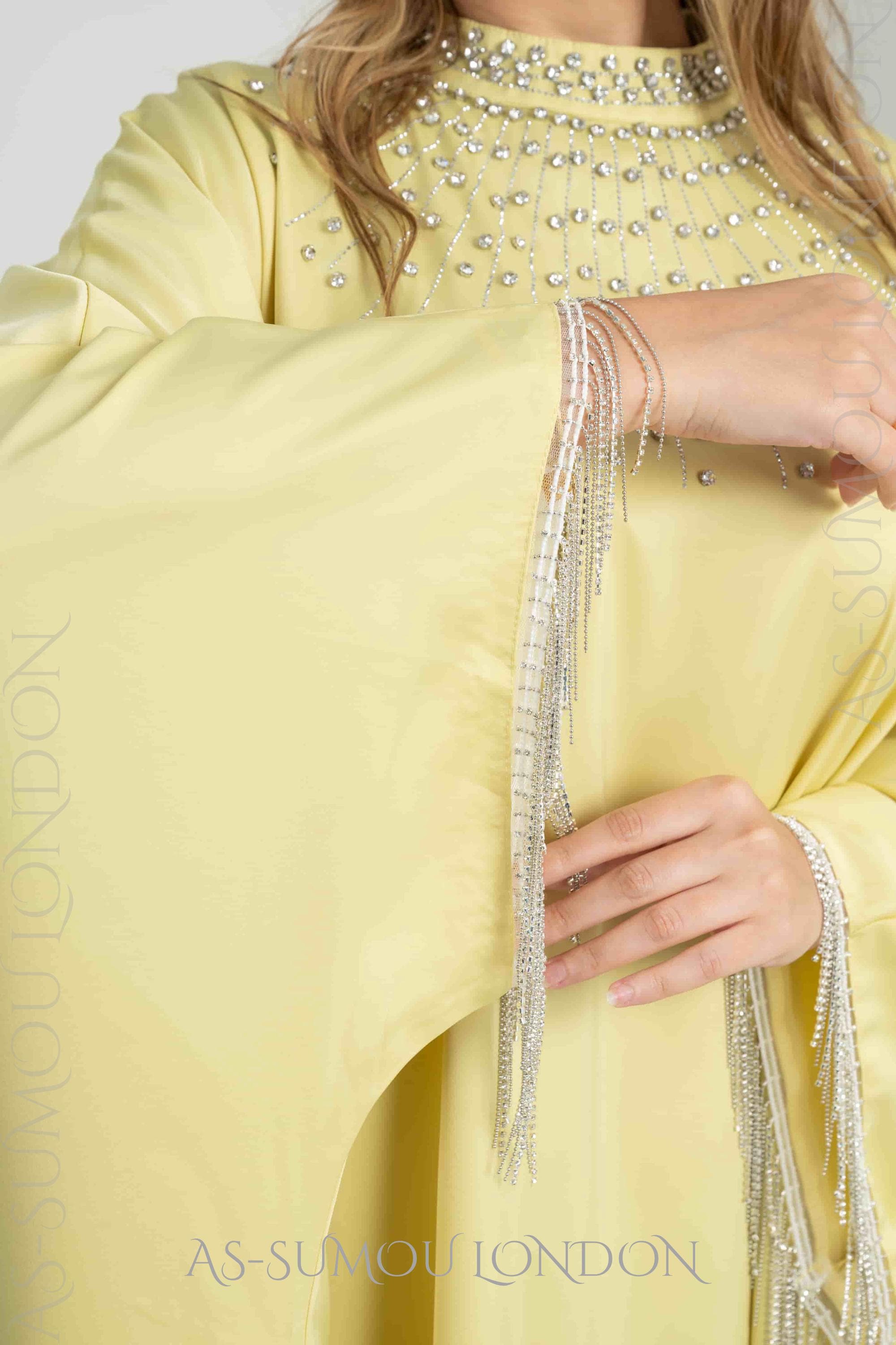 Cream Modest Maxi Dress Rhinestone Beaded Neckline Tassel Cape Sleeve Batwing Gown Wedding Abaya Elegant Kaftan Islamic Bridal Henna Outfit - image 3