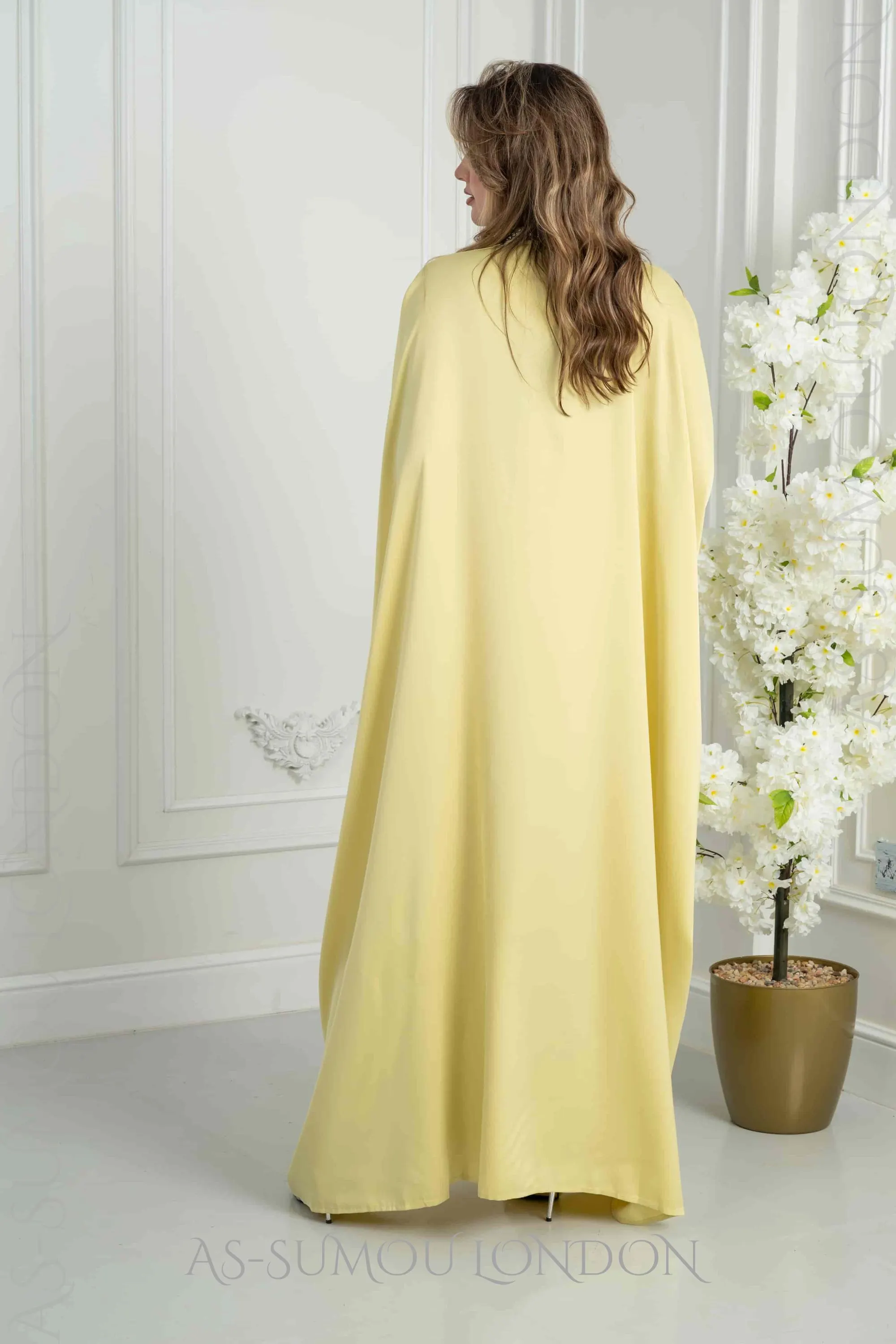 Cream Modest Maxi Dress Rhinestone Beaded Neckline Tassel Cape Sleeve Batwing Gown Wedding Abaya Elegant Kaftan Islamic Bridal Henna Outfit - image 4