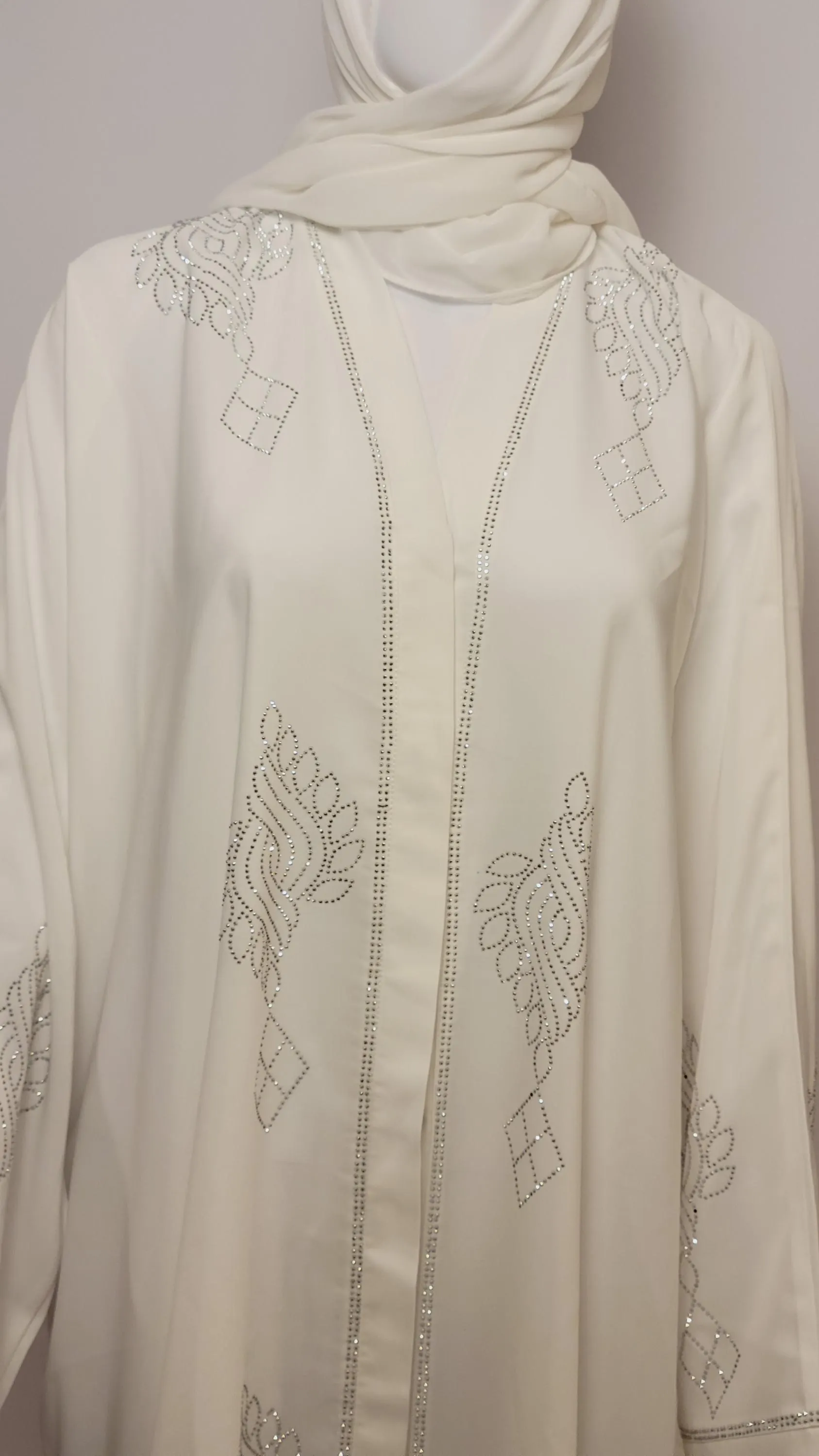 White Nidha Abaya with Silver Rhinestone Embroidery, Chiffon Scarf Included - image 3