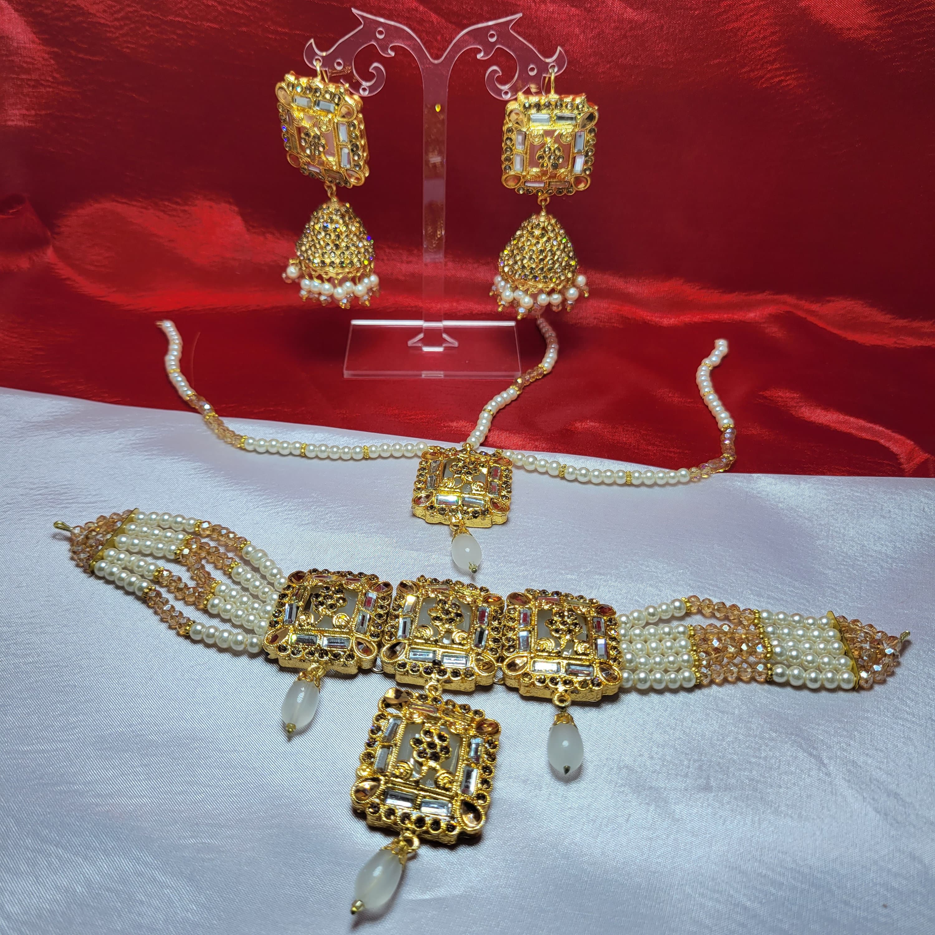 Indian Crystal Bead Choker Set with Jhumki and Maang Tikka - image 4