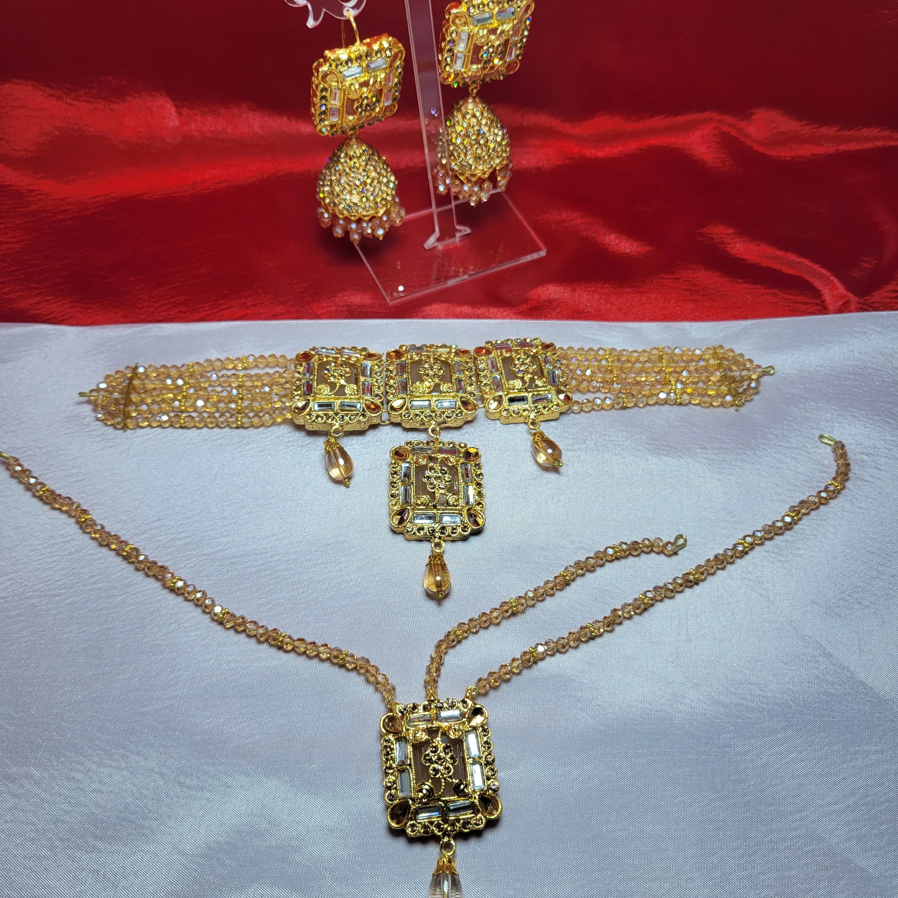 Indian Crystal Bead Choker Set with Jhumki and Maang Tikka - image 5