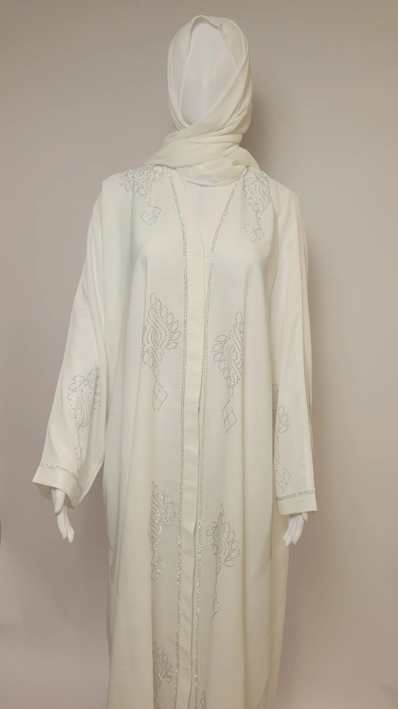 White Nidha Abaya with Silver Rhinestone Embroidery, Chiffon Scarf Included - image 5