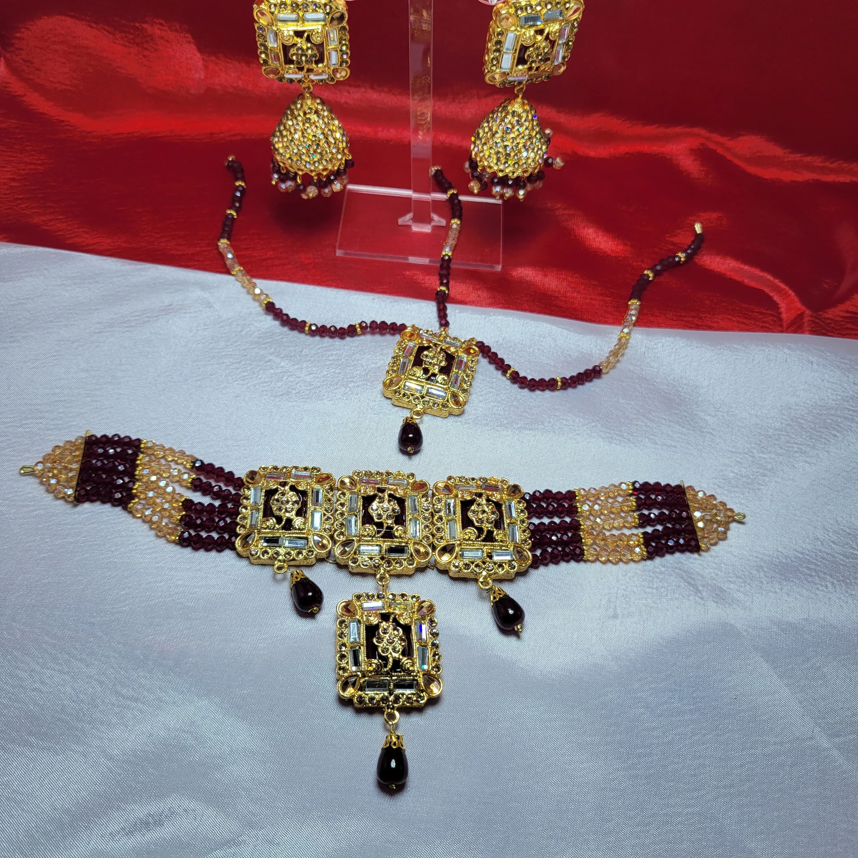 Indian Crystal Bead Choker Set with Jhumki and Maang Tikka - image 3