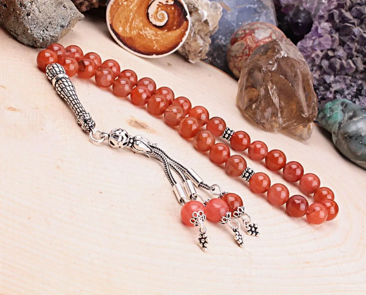 Real Yemeni Agate Islamic Prayer Beads, Personalized 33 Beads Tasbih For Men Women, Sterling Silver, 8mm Gemstone Misbaha, Muslim Eid Gift