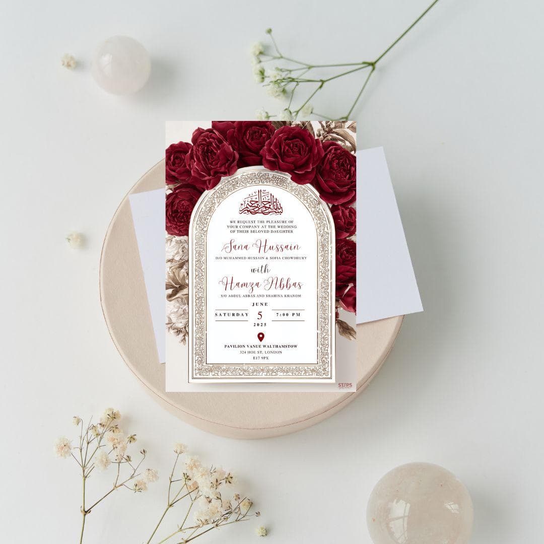 Editable Digital Muslim Wedding Invitation Template, Animated Wedding Invitation, Nikkah Maroon Arch Wedding Invite, Red Baraat Invitation - image 4