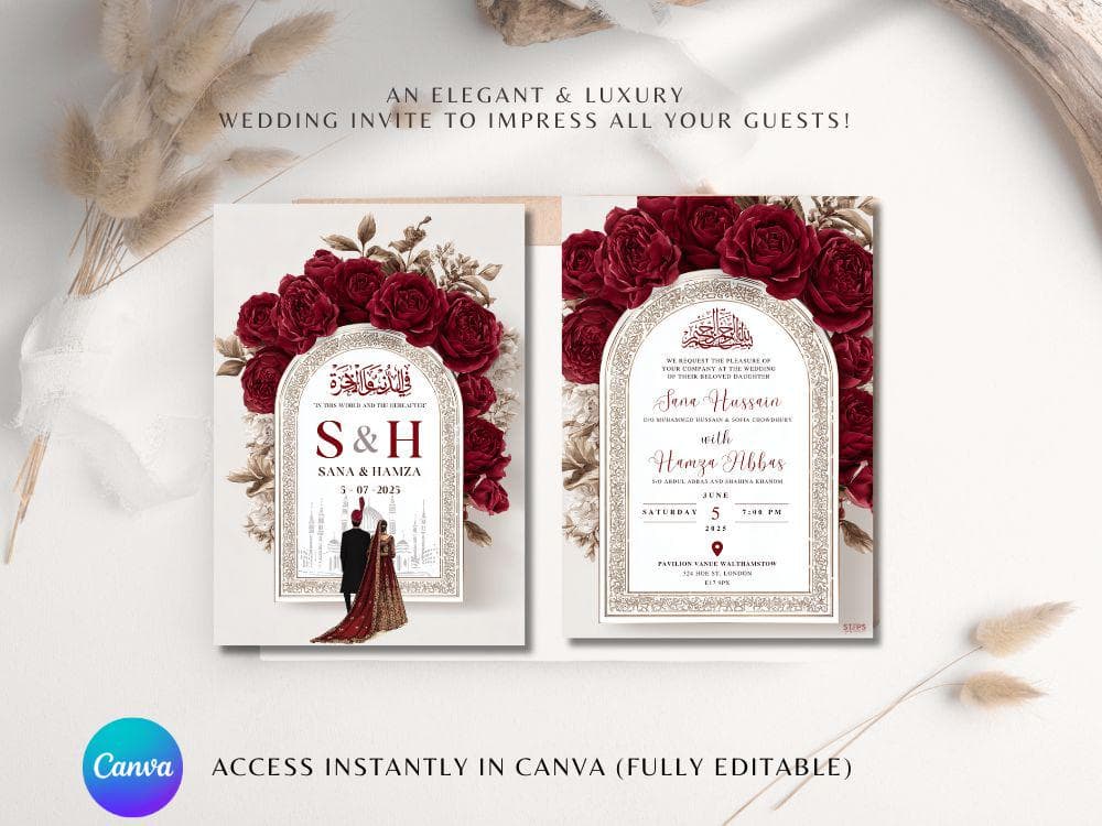 Editable Digital Muslim Wedding Invitation Template, Animated Wedding Invitation, Nikkah Maroon Arch Wedding Invite, Red Baraat Invitation - image 3