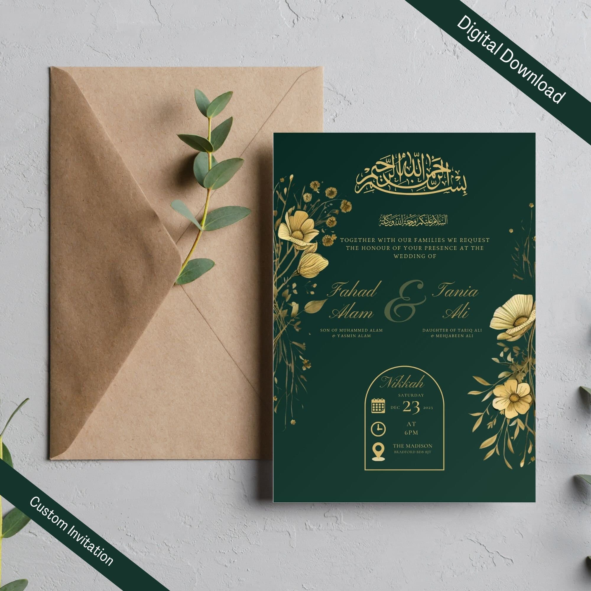 Editable Digital Muslim Wedding Invitation Template Nikkah Walimah Shaadi Baraat, Animated Wedding Invitation, Emerald Green Wedding Invite - image 2