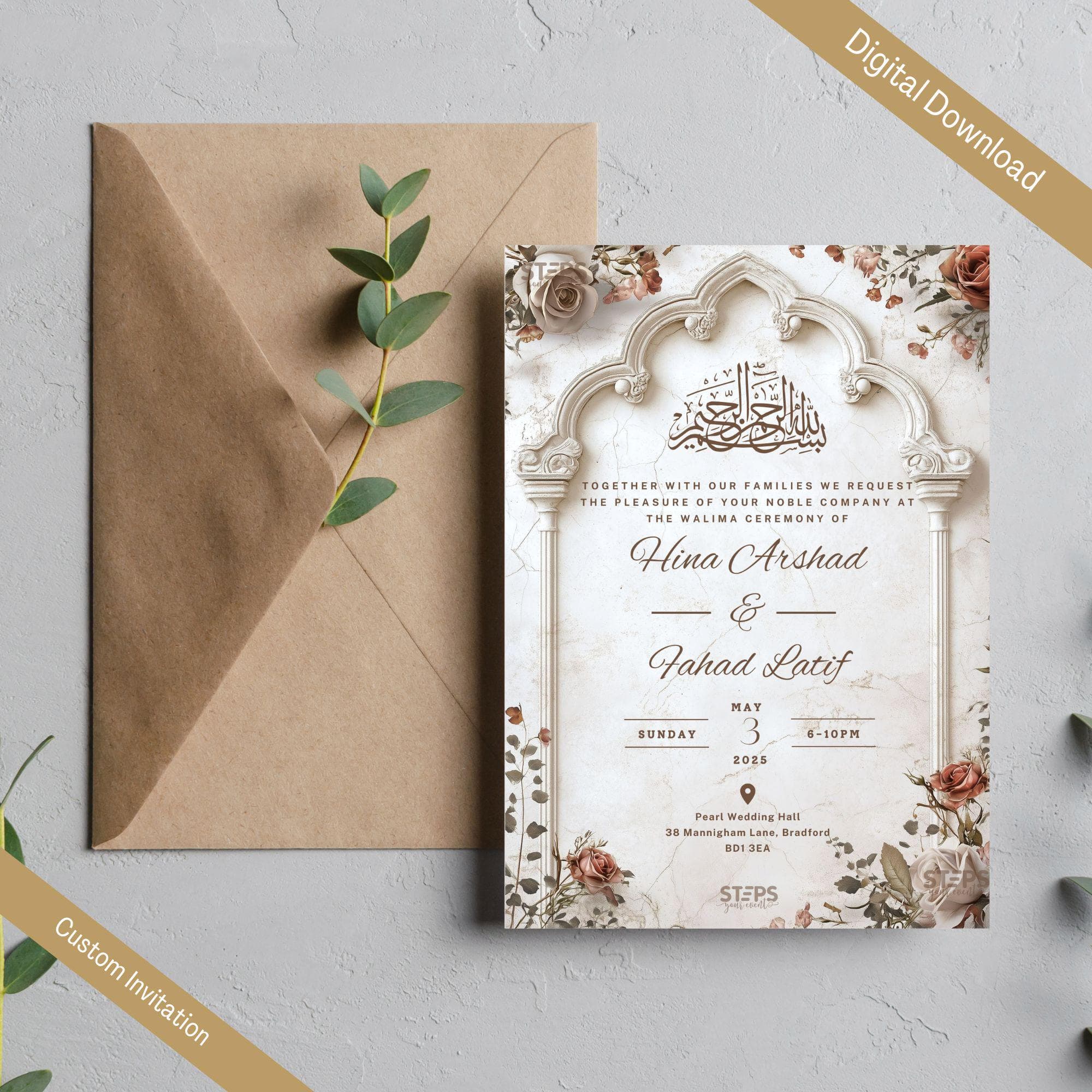 Editable Digital Muslim Wedding Invitation Template, Animated Wedding Invitation, Peach Nikkah Arch Wedding Invite, Neutral wedding invite - image 5