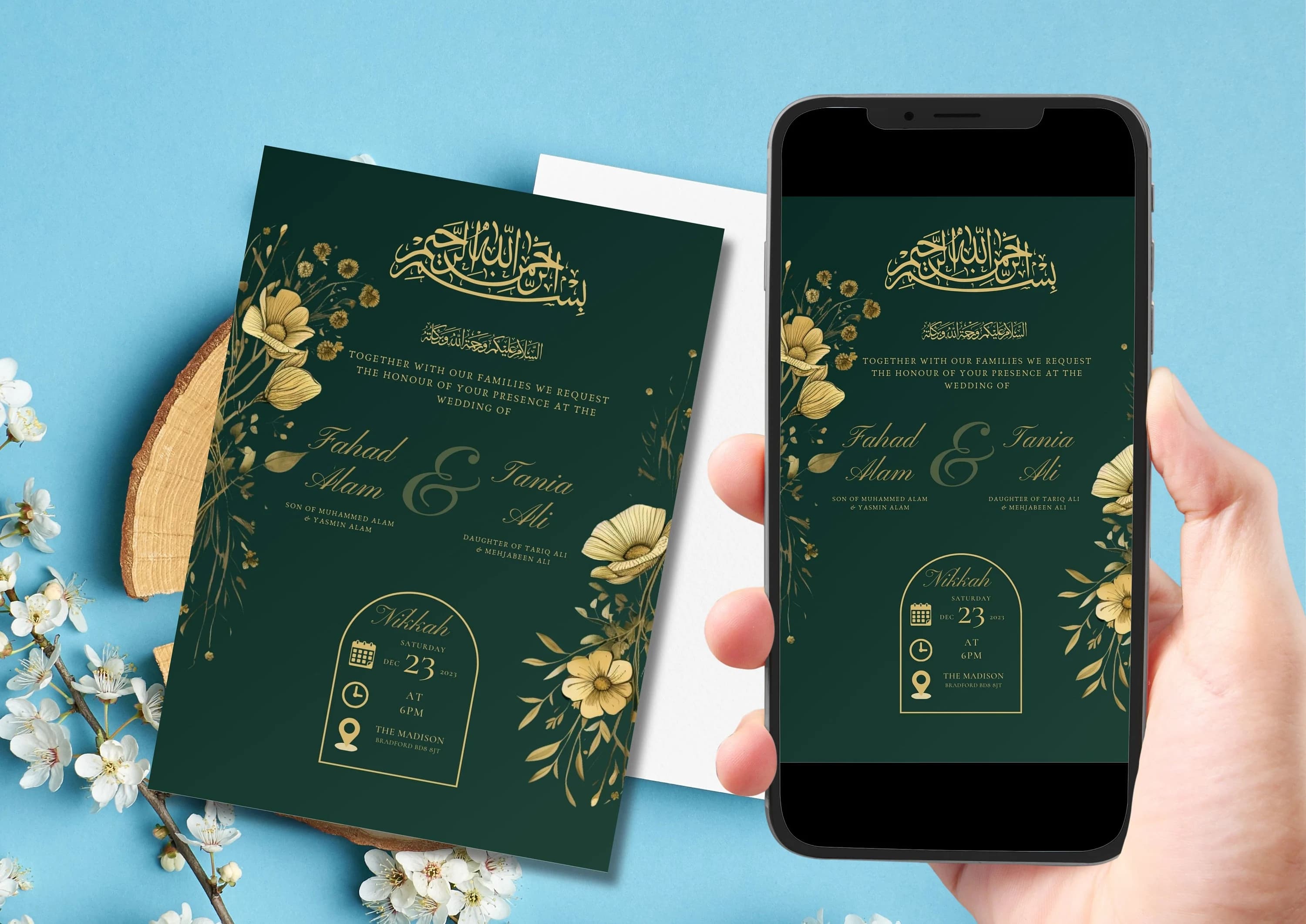 Editable Digital Muslim Wedding Invitation Template Nikkah Walimah Shaadi Baraat, Animated Wedding Invitation, Emerald Green Wedding Invite