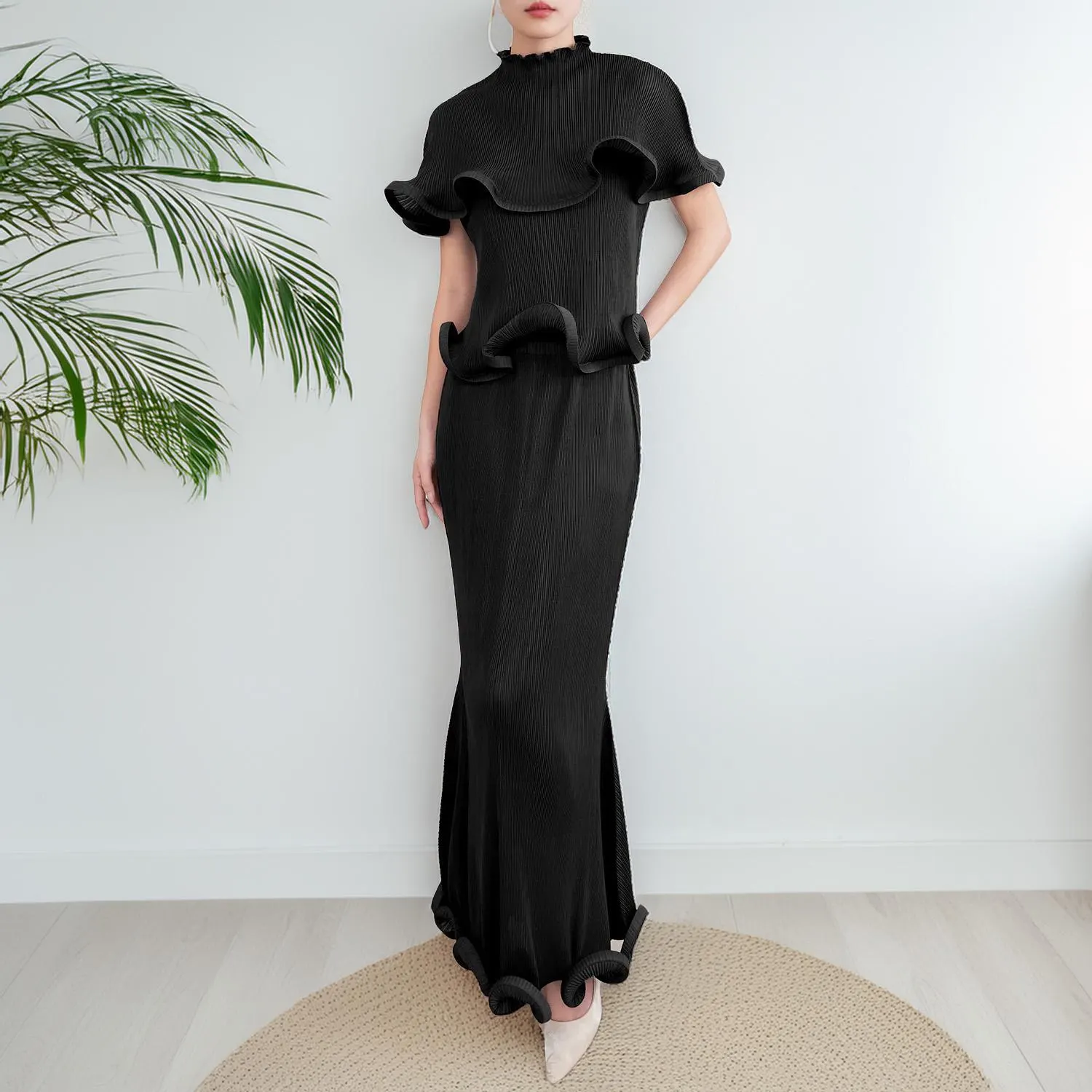 Micro Pleated Two-Piece Wave Trimmed Skirt Set - image 4