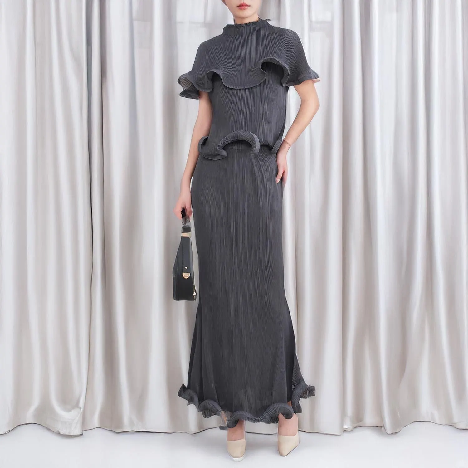 Micro Pleated Two-Piece Wave Trimmed Skirt Set