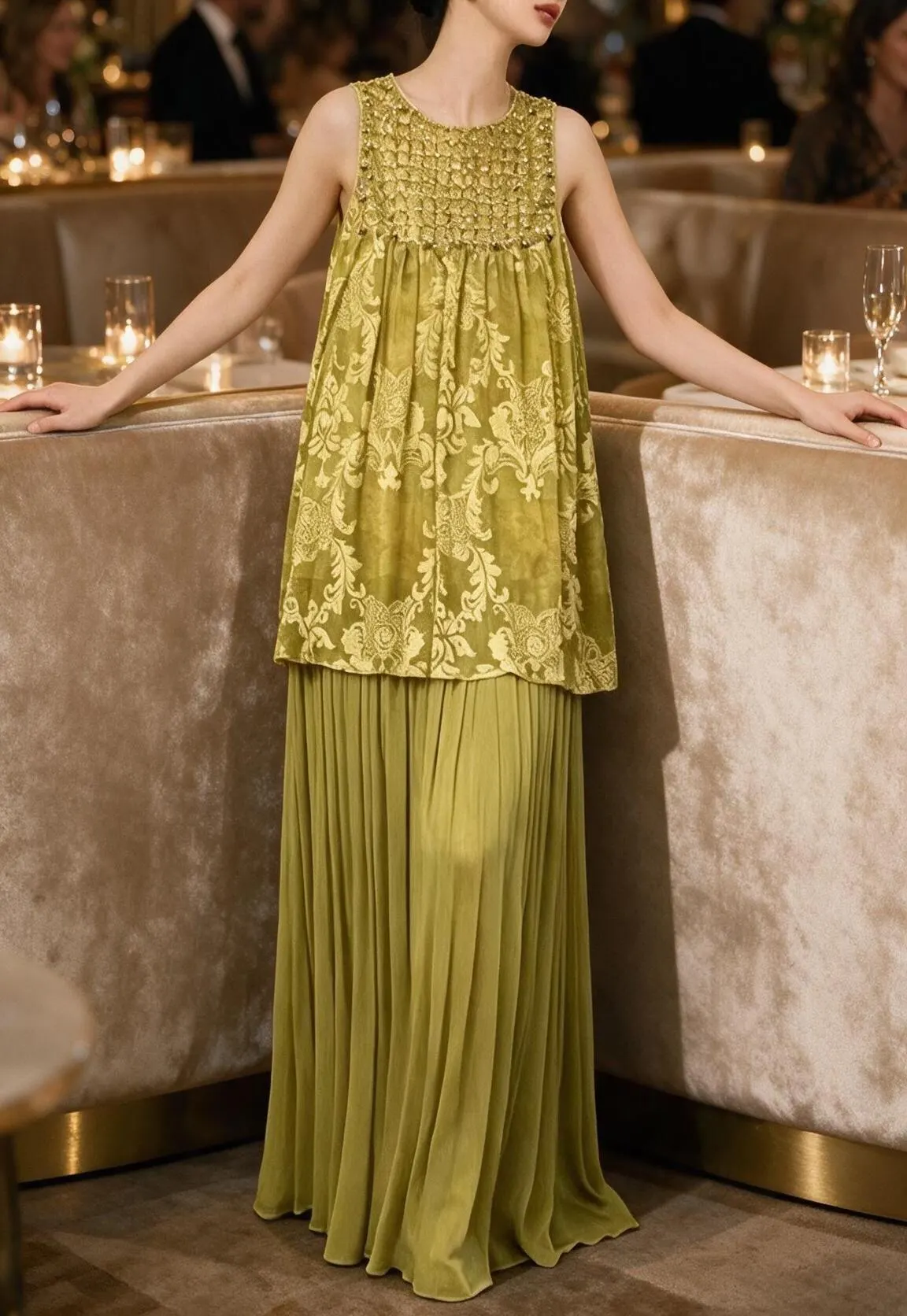 Two-Piece Formal Beaded, Full-pleated Skirt Set - image 2