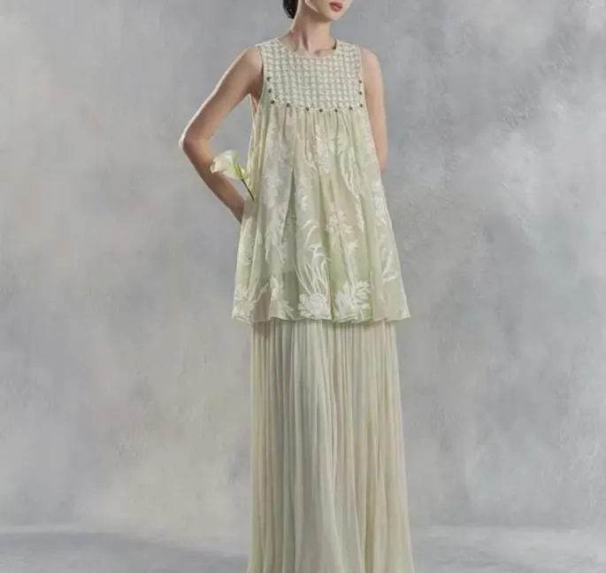 Two-Piece Formal Beaded, Full-pleated Skirt Set