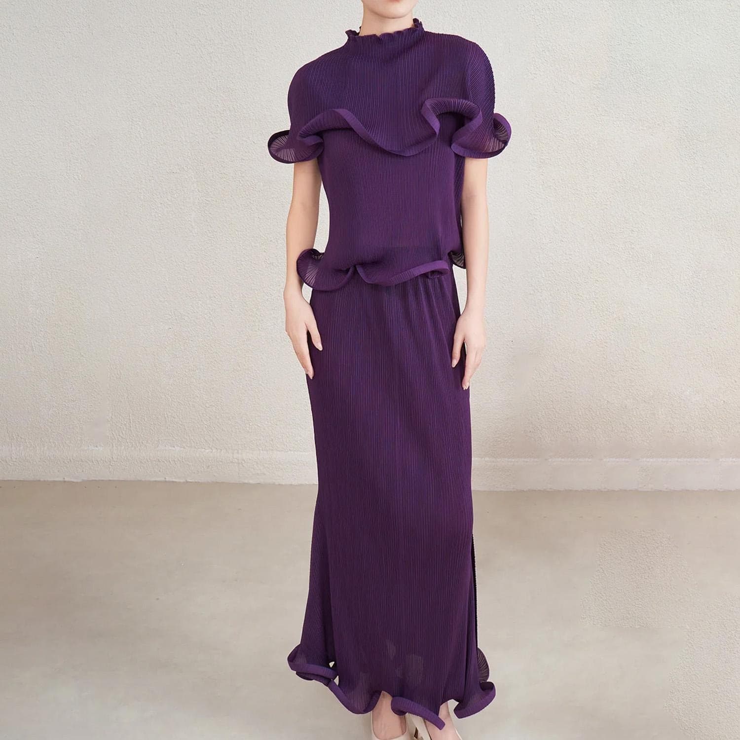 Micro Pleated Two-Piece Wave Trimmed Skirt Set - image 3