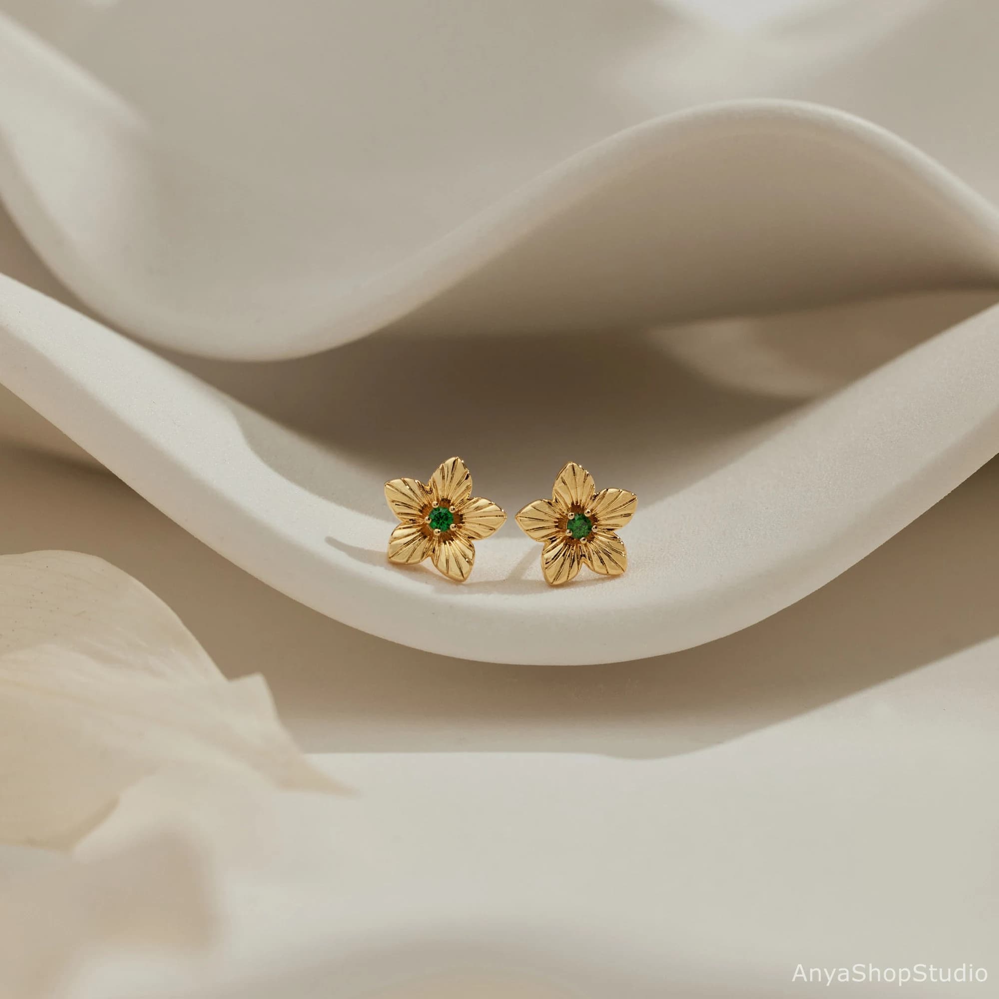 Sterling Silver Birth Flower Stud Earrings with Birthstone, Custom Birthstone Earrings, Floral Stud Earrings, Personalized Gift for Her - image 4