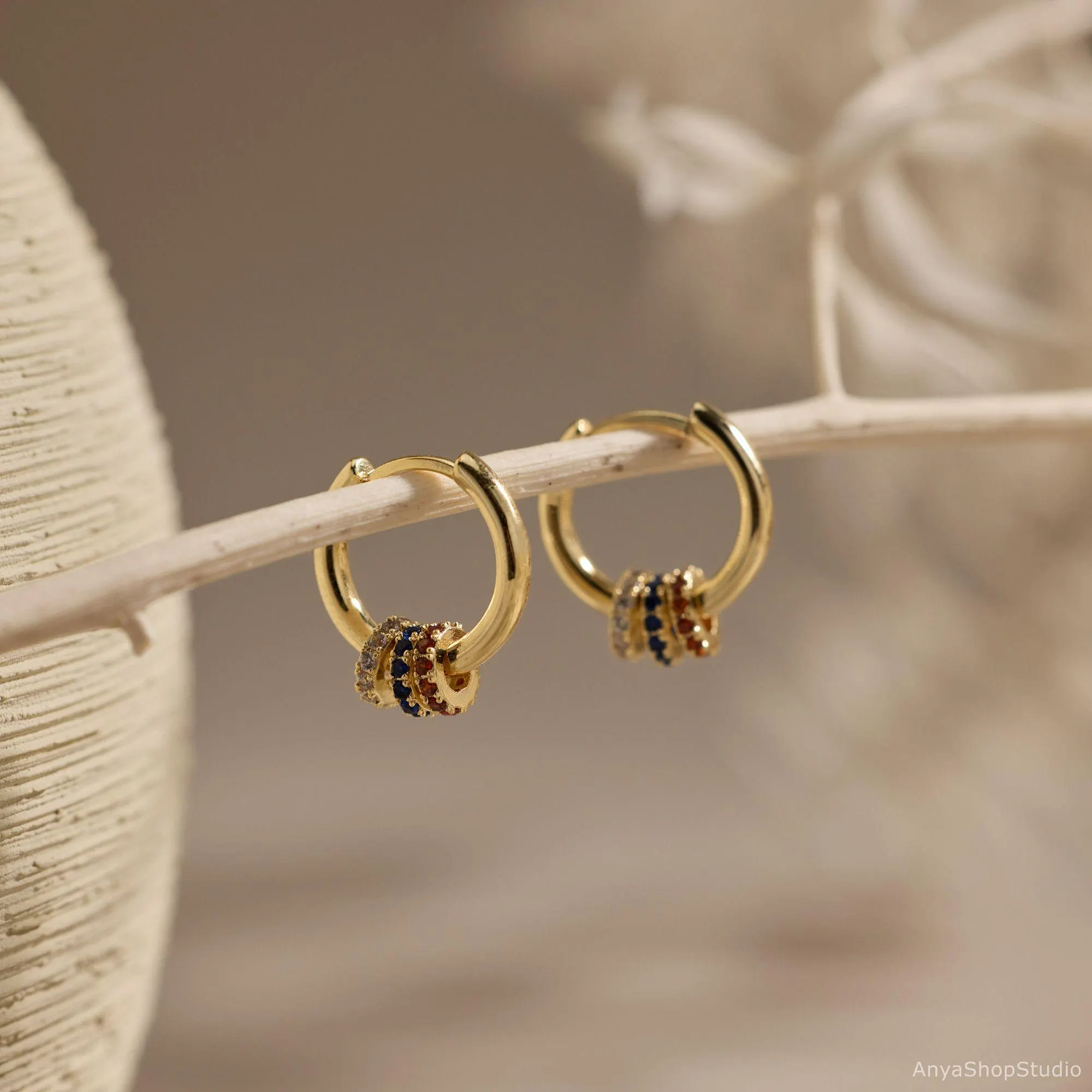Multiple Birthstone Hoop Earrings, Minimalist Birthstone Circle Earrings, 14K Gold Plated Hoop Earrings, Daily Earrings, Christmas Gift - image 3