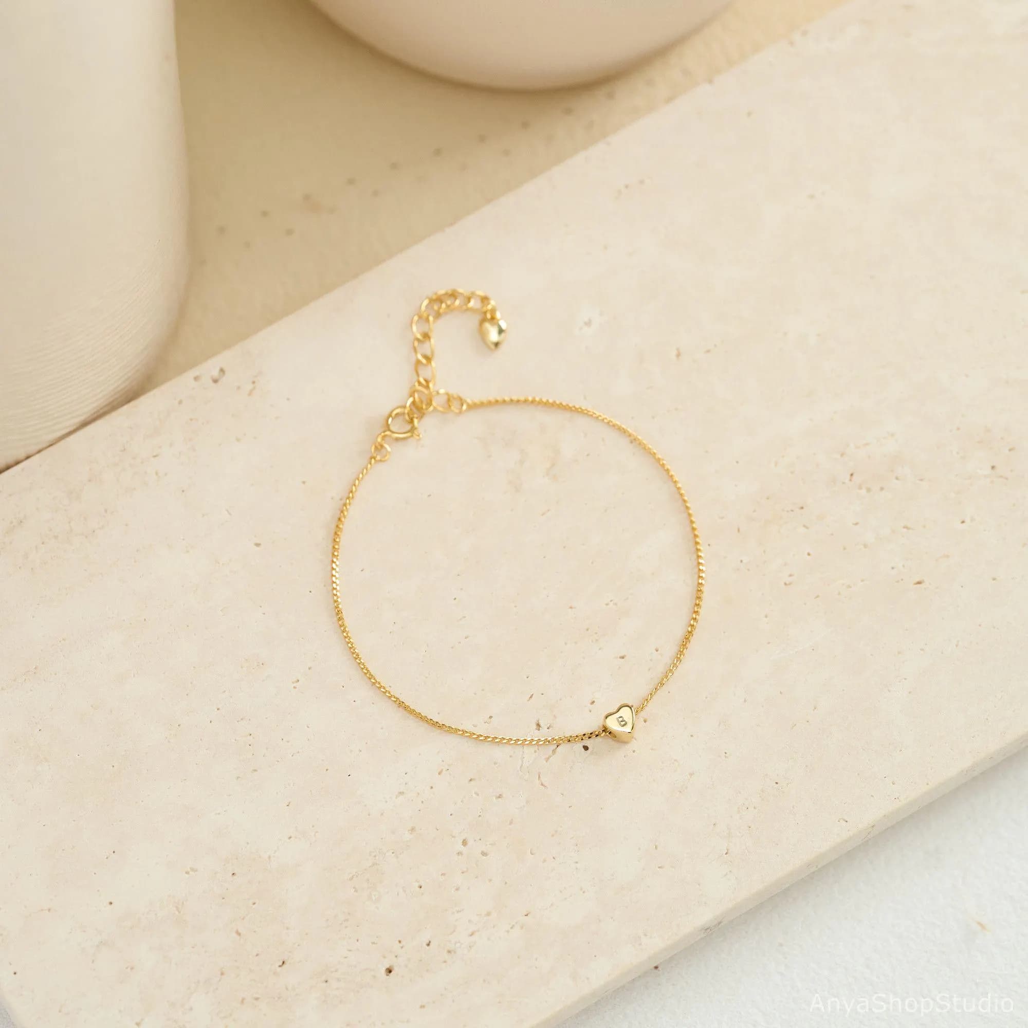 Minimalist 3D Heart Charm Bracelet, Custom Initial Bracelet, Engraved Letter Bracelet, Gold Bracelet, Daily Jewellery, Christmas Gift - image 3