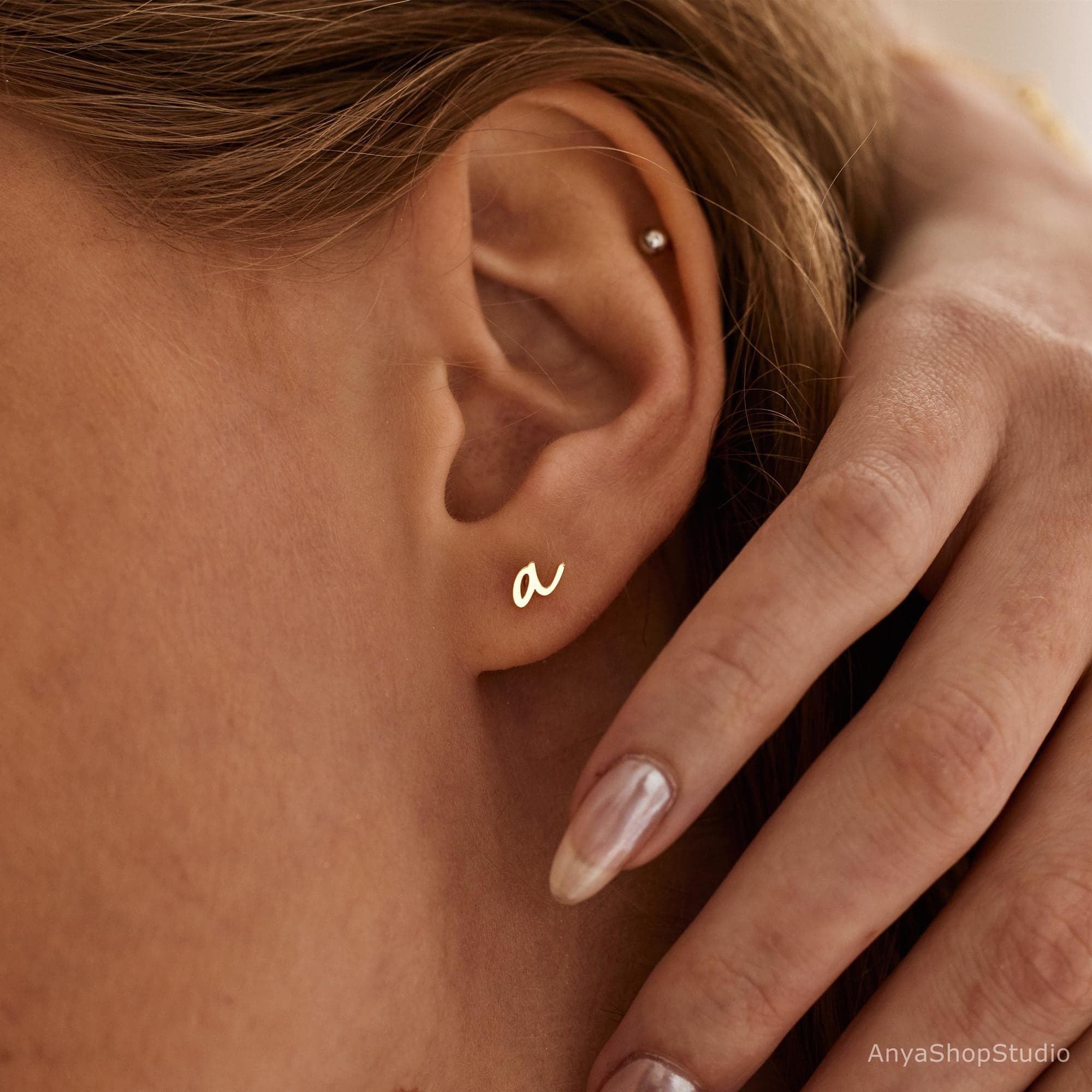 Minimalist Sterling Silver Initial Earrings, Lowercase Letter Earrings, Gold Stud Earrings, Everyday Earrings, Mother's Day Gift, Mom Gift - image 5