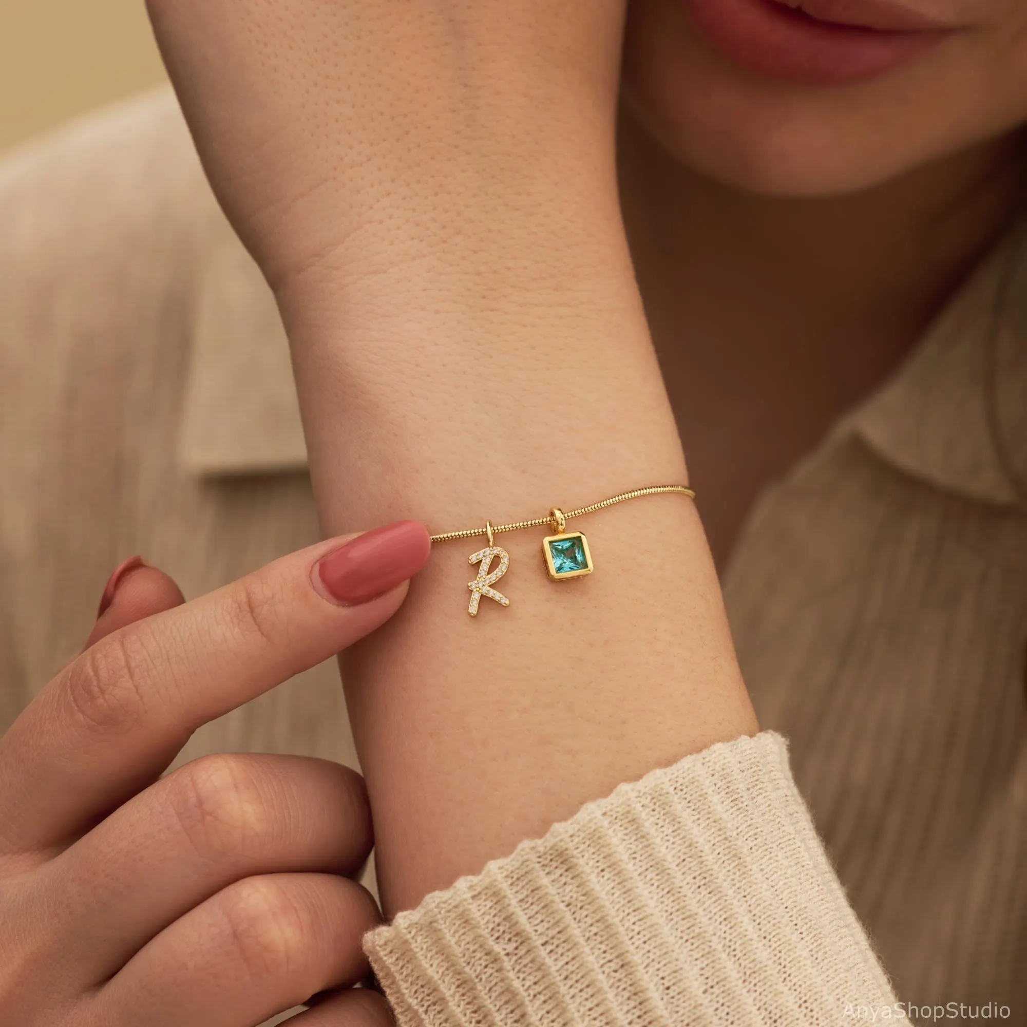 Custom Pave Diamond Initial with Birthstones Bracelet, Dainty Personalized Bracelet, Letter Bracelet, Birthday Gift for Her, Christmas Gifts - image 4
