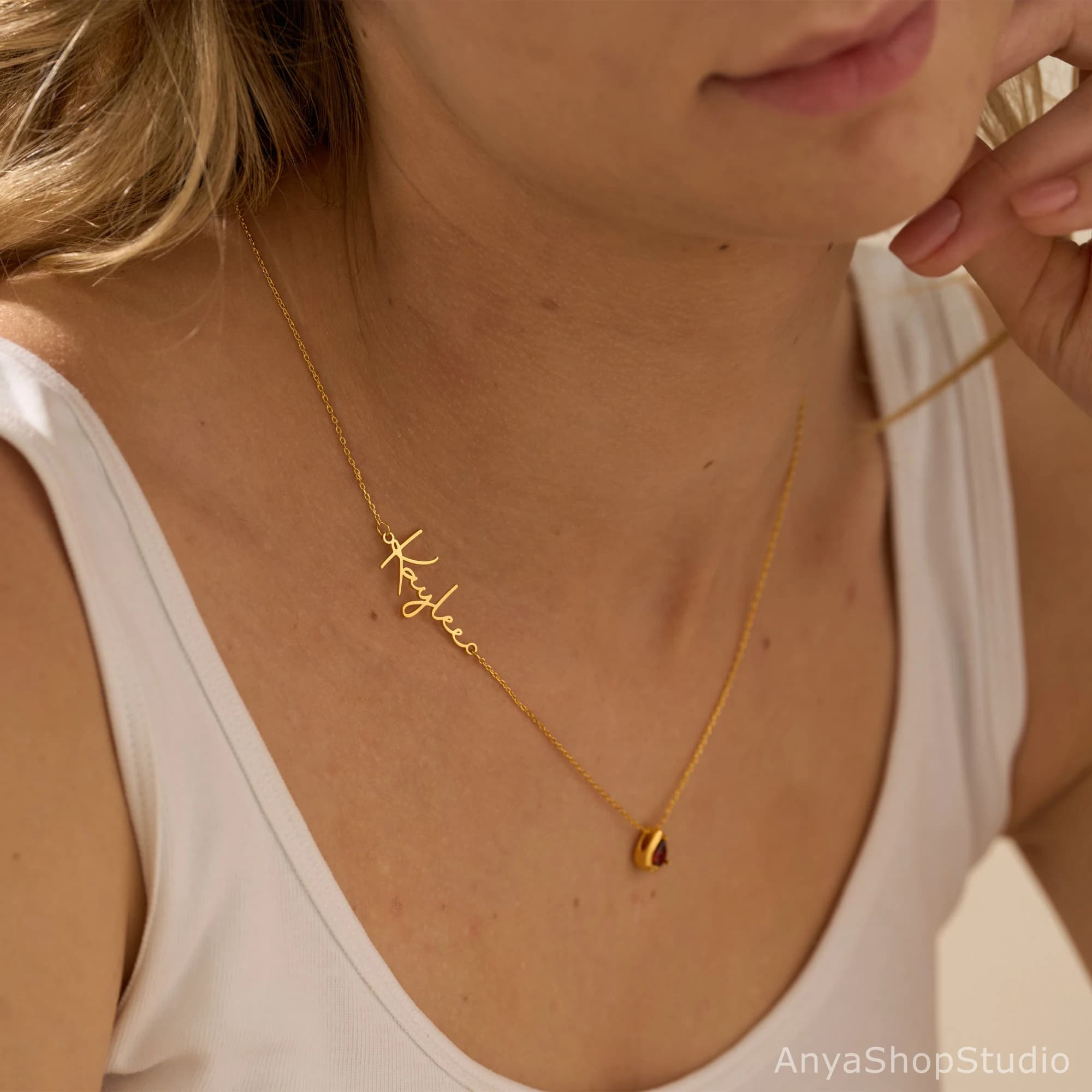 Custom Name Necklace with Birthstone, Birthstone Necklace, Sideways Name Necklace, Birthday Gift for Her, Mothers Necklace, Christmas Gift - image 3