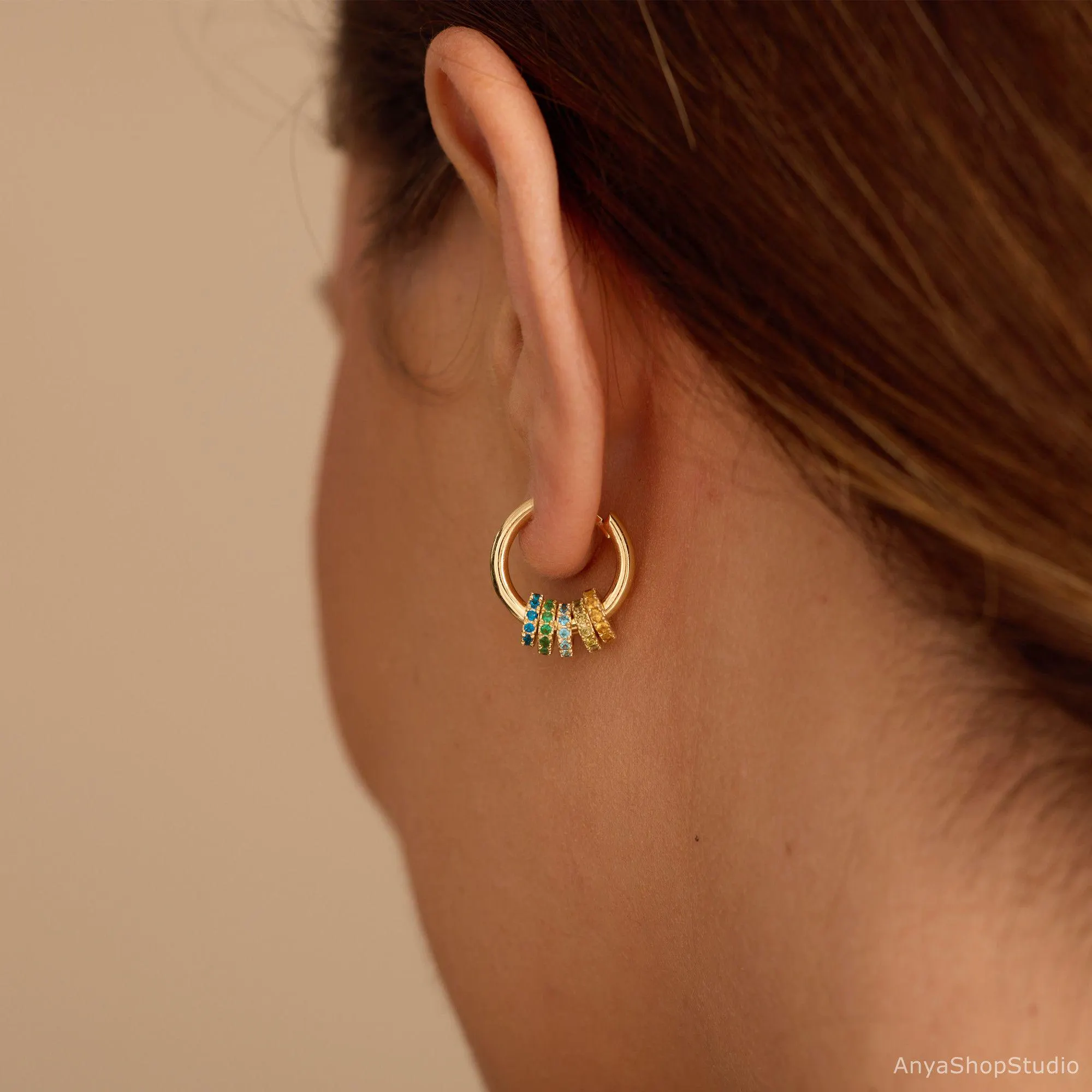 Multiple Birthstone Hoop Earrings, Minimalist Birthstone Circle Earrings, 14K Gold Plated Hoop Earrings, Daily Earrings, Christmas Gift