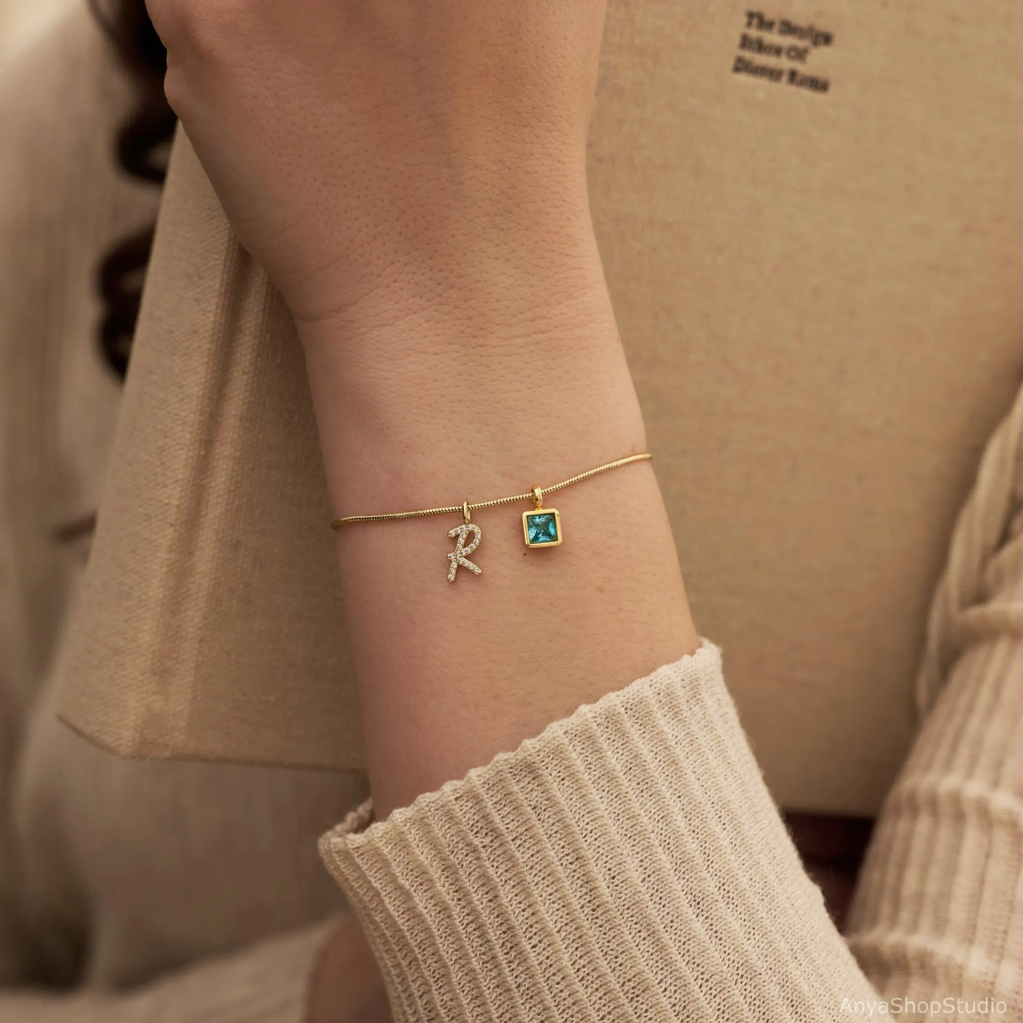 Custom Pave Diamond Initial with Birthstones Bracelet, Dainty Personalized Bracelet, Letter Bracelet, Birthday Gift for Her, Christmas Gifts - image 5